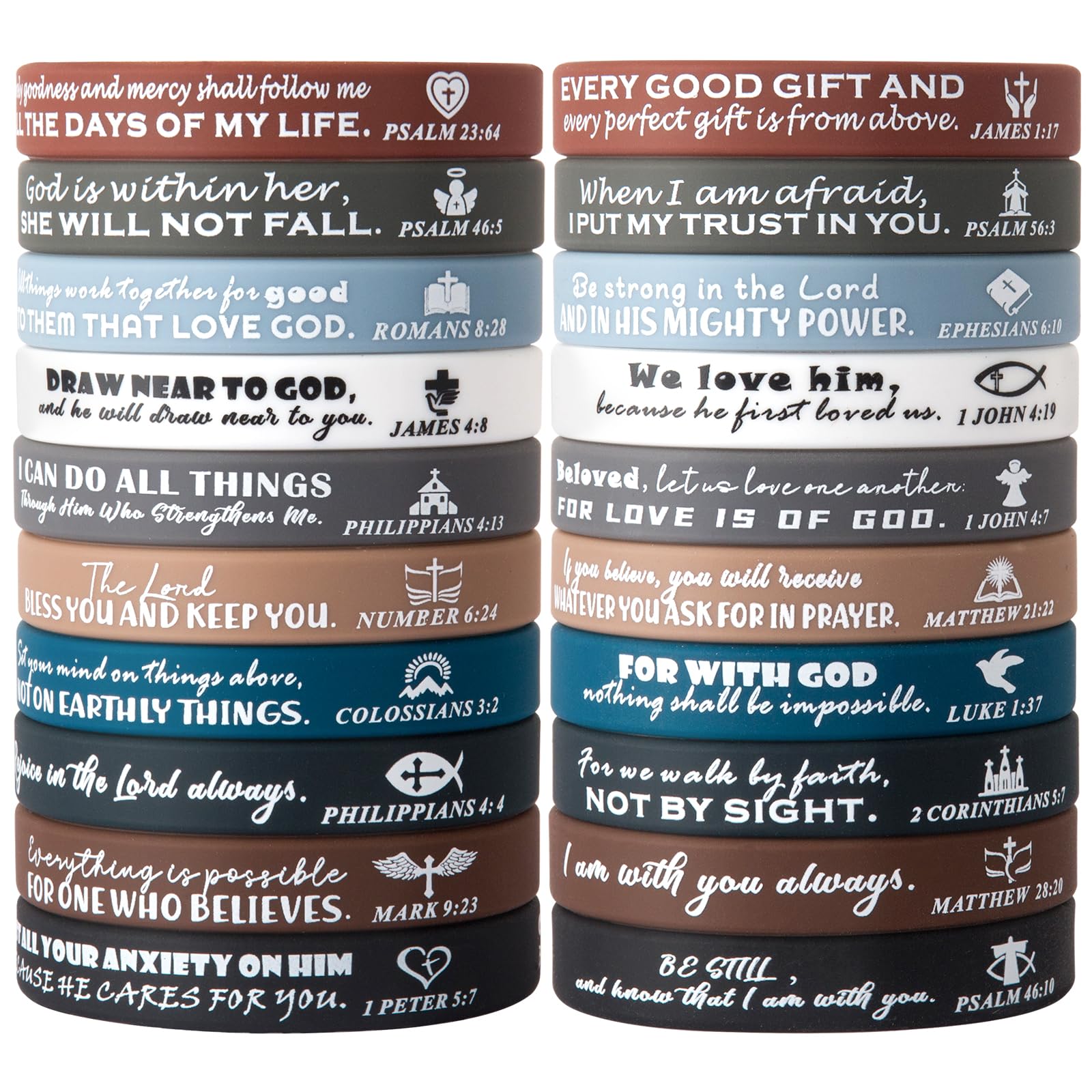 20P Religious Silicone Wristbands Bulk Bible Rubber Bracelets Faith Hope Belief Wristbands for Men Women Gifts (Classic Colors)