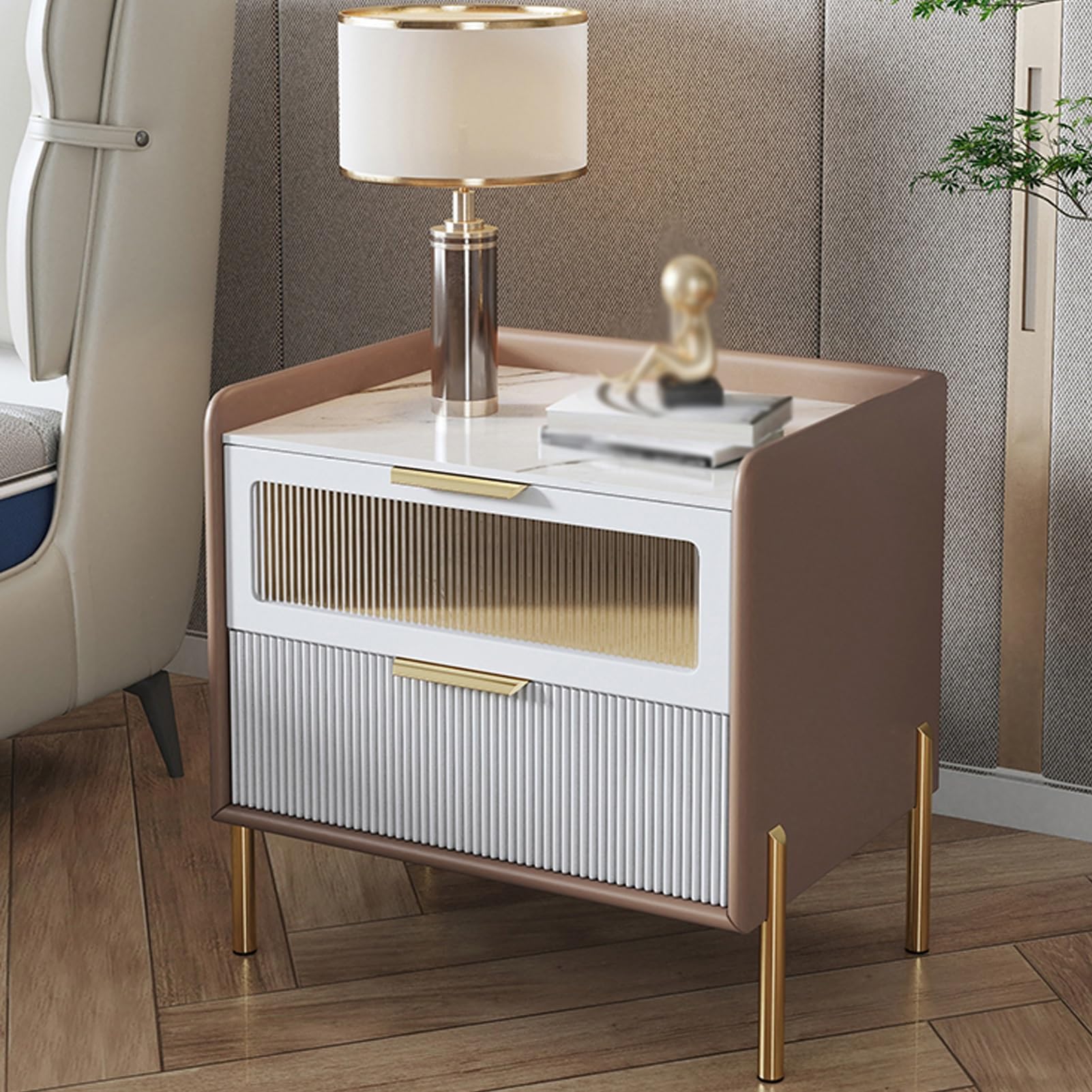 Table de chevet en dalles de roche luxe et cuir pour une chambre moderne