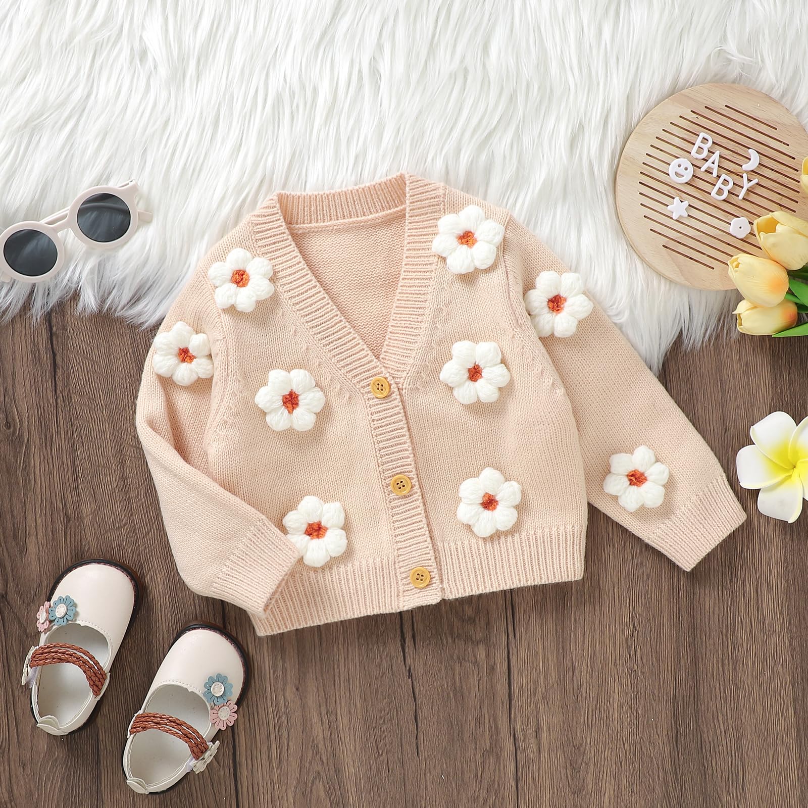 Qianderer Strickjacke für Babys, Kleinkinder, Mädchen, Blumenmuster, langärmelig, Pullover, Mäntel, Strickkleidung, warme Herbst-Winter-Outfits