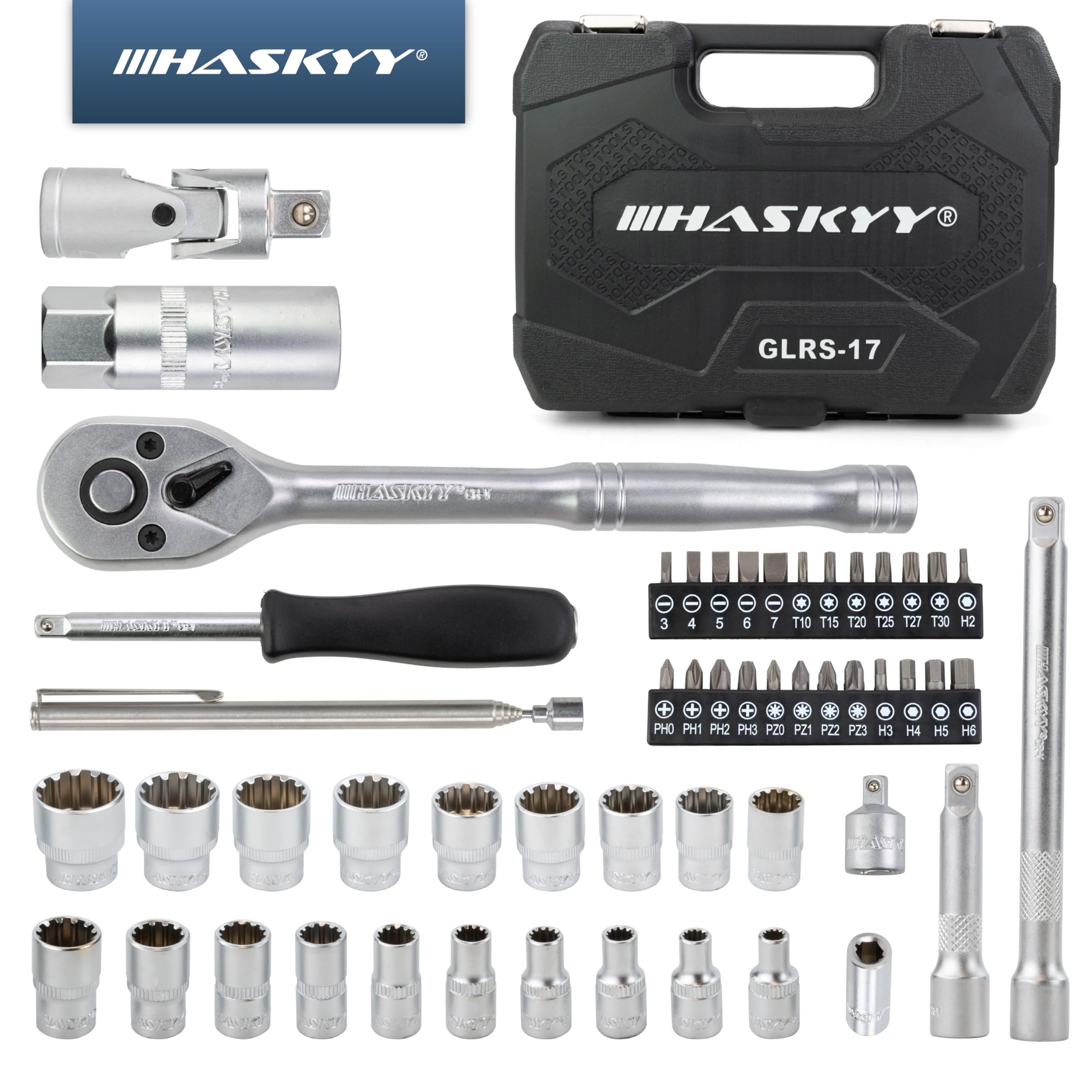 HASKYY Juego de 52 piezas de llaves de vaso Gear Lock TORX, con perfil XZN, perfil E, de diversas pulgadas, para tornillos de 6 y 12 caras, en tamaños métricos