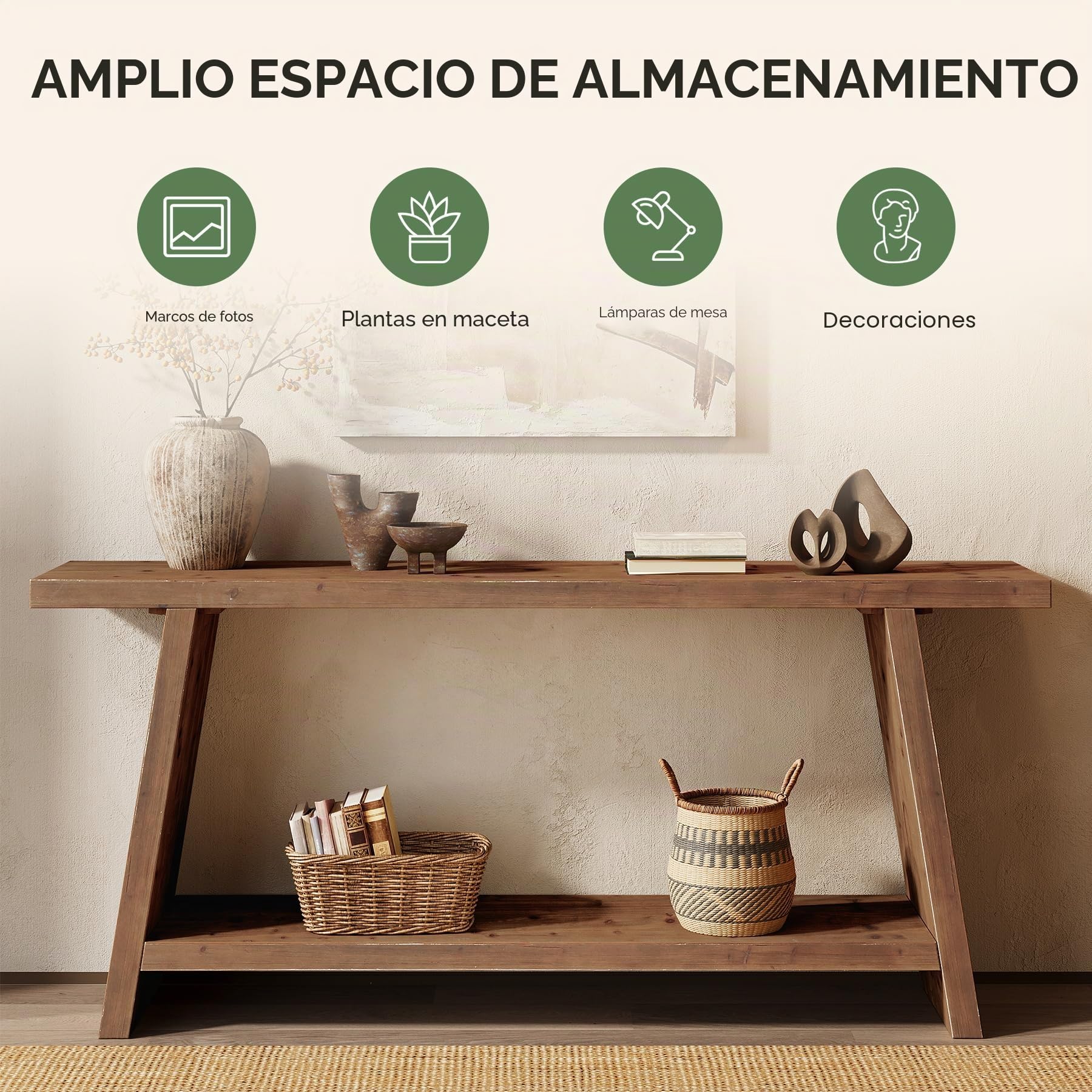 Mesa consola de madera maciza, 160 cm, mesa de entrada larga con 2 estantes, mesa de sofá estrecha detrás del sofá, mesa de pasillo para pasillo, salón, estilo granja vintage
