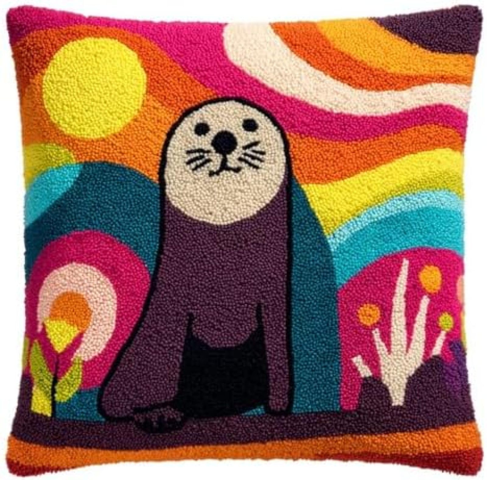 kitphoenix Beginner Latch Hook Cushion Cover Kit,Cute Seal,Adults DIY Embroidery Crochet Craft Kit with Pre-Cut Yarn and Printed Canvas,43x43 cm