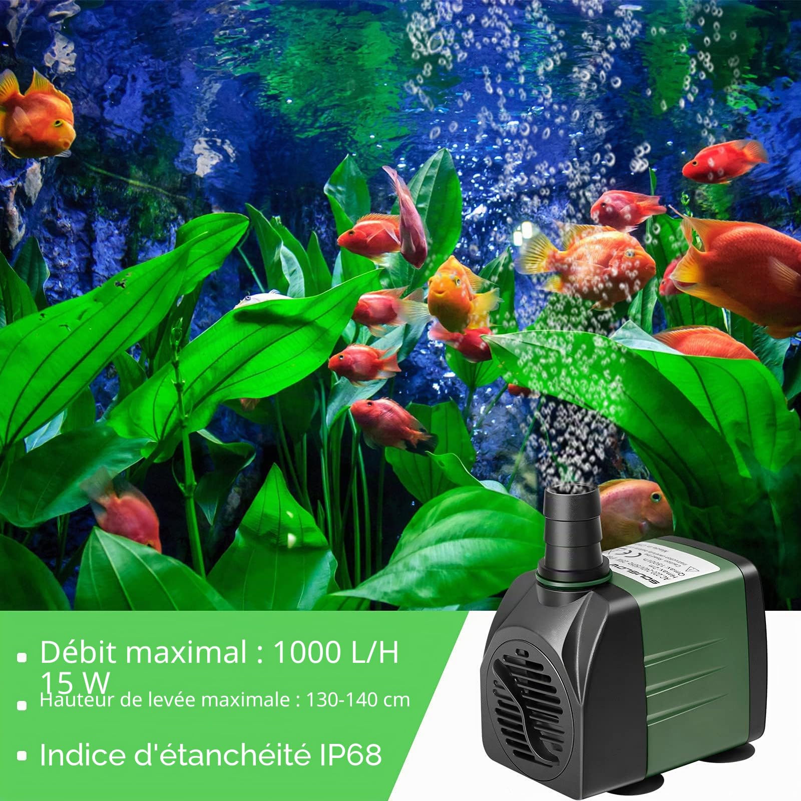 Pompe à eau submersible 15W 1000 L/H AC220-240V avec 1 buse pour aquarium