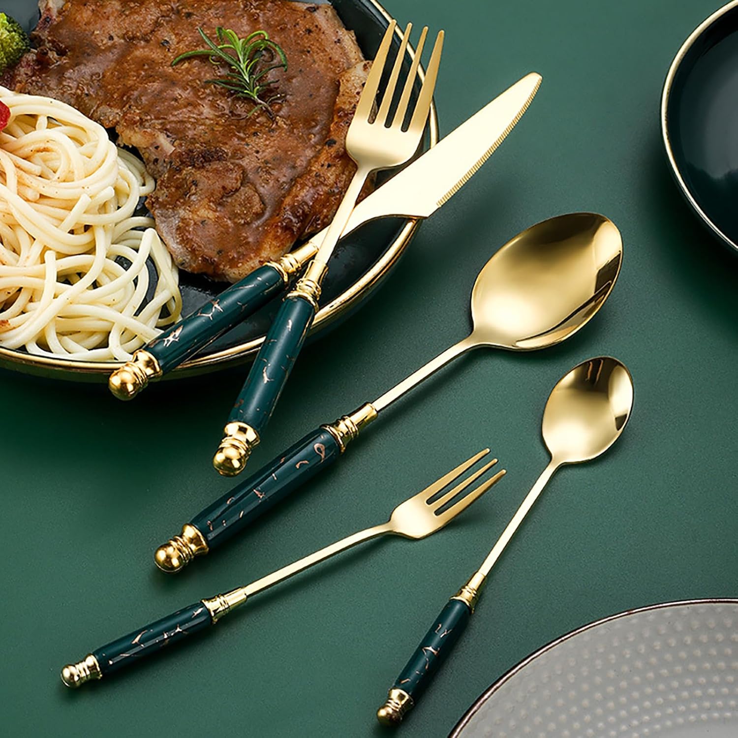 20-pcs Silverware Set Kitchen Utensil Set Flatware Set for 4,Ceramic Handle Cutlery,Luxury-Tableware,Dishwasher Safe,Polished and Smooth,Food-safe & Healthy for Restaurant Birthday Party(Green)