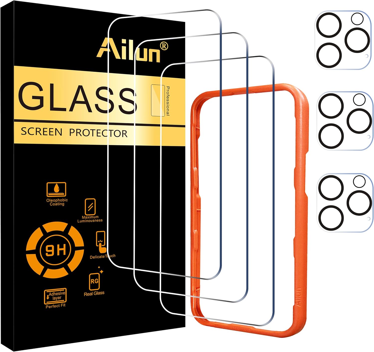 Ailun 3 Pack Screen Protector for iPhone 16 Pro Max [6.9 inch] + 3 Pack Camera Lens Protector with Installation Frame
