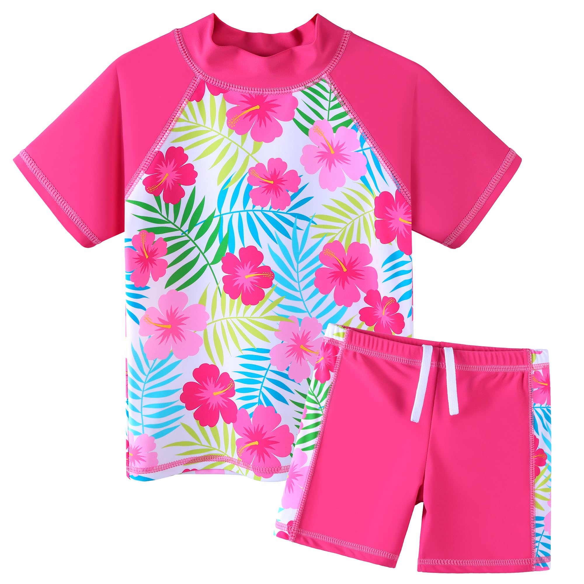 BAOHULU Girls Short Sleeve Swimsuit Two Piece Floral UPF 50+ Rash Guard