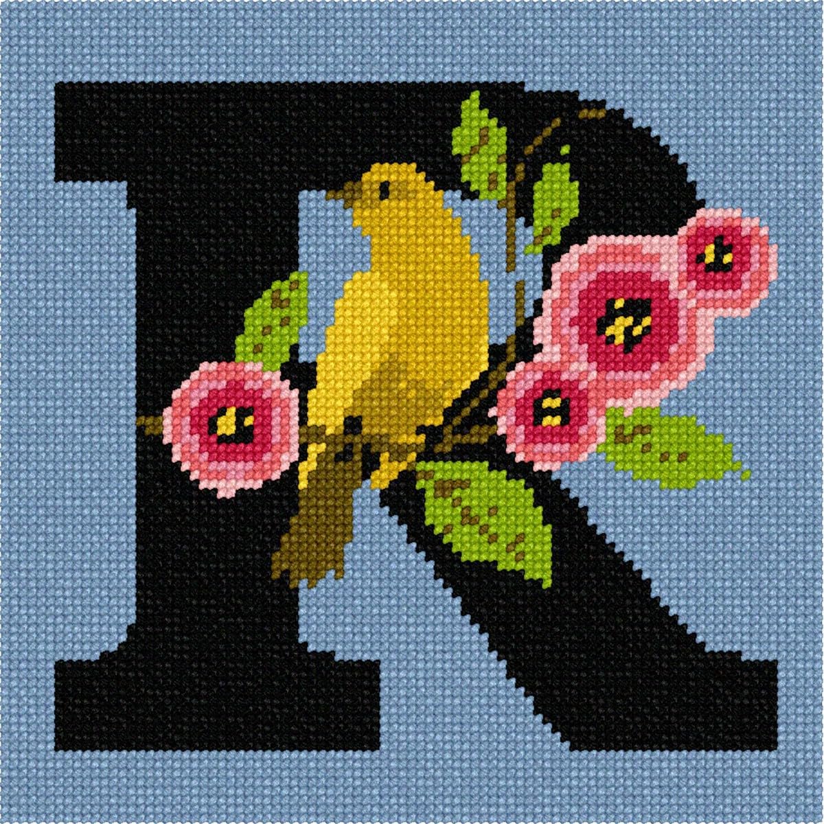 Pepita Needlepoint kit: Letter R Bird Flowers, 7" x 7"