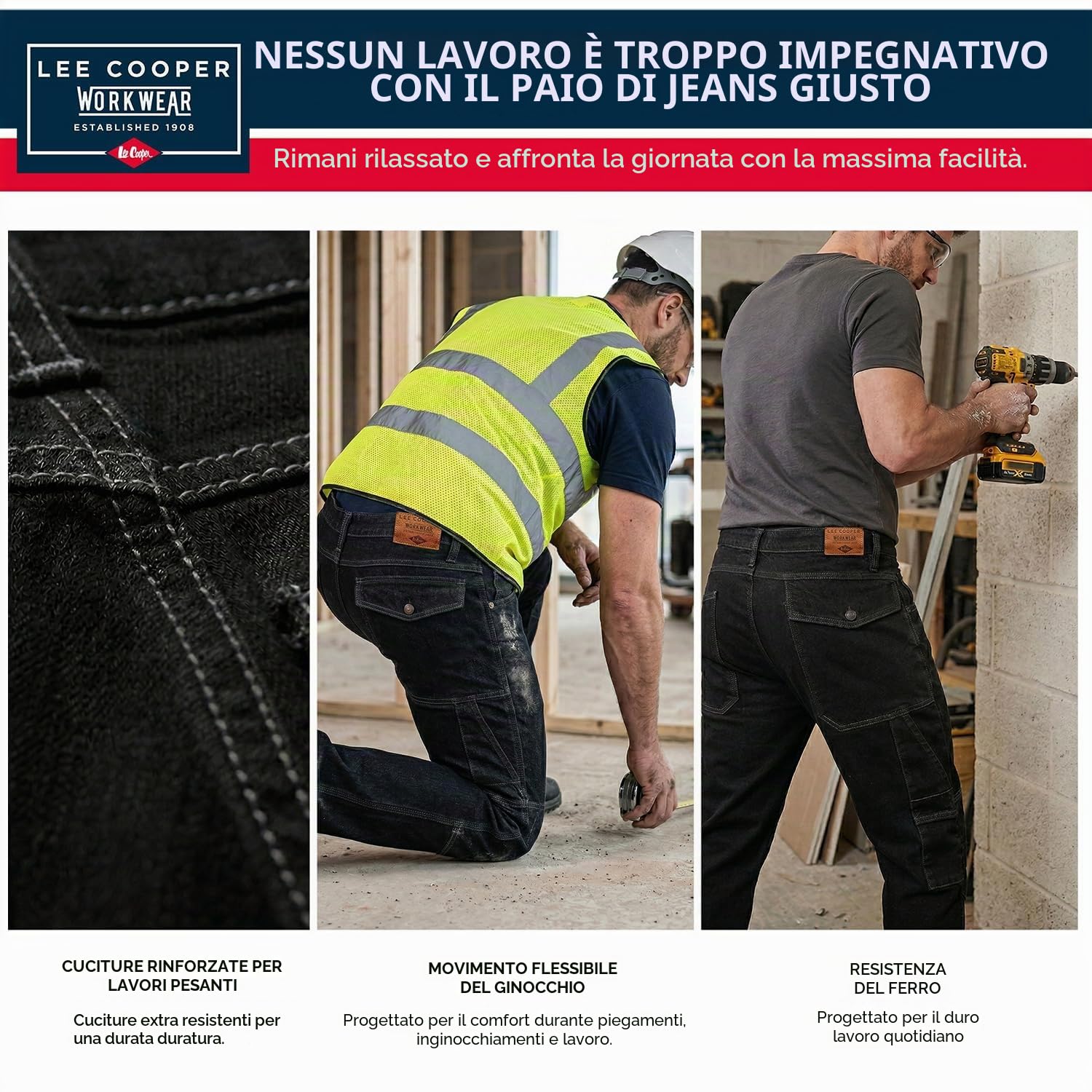 Lee Cooper Jeans Cargo Uomo Regular Fit – Pantaloni Denim Stretch Multi Tasche, Jeans Lavoro Carpenter Resistenti Workwear per Cantiere (nero, 32W / 31L)