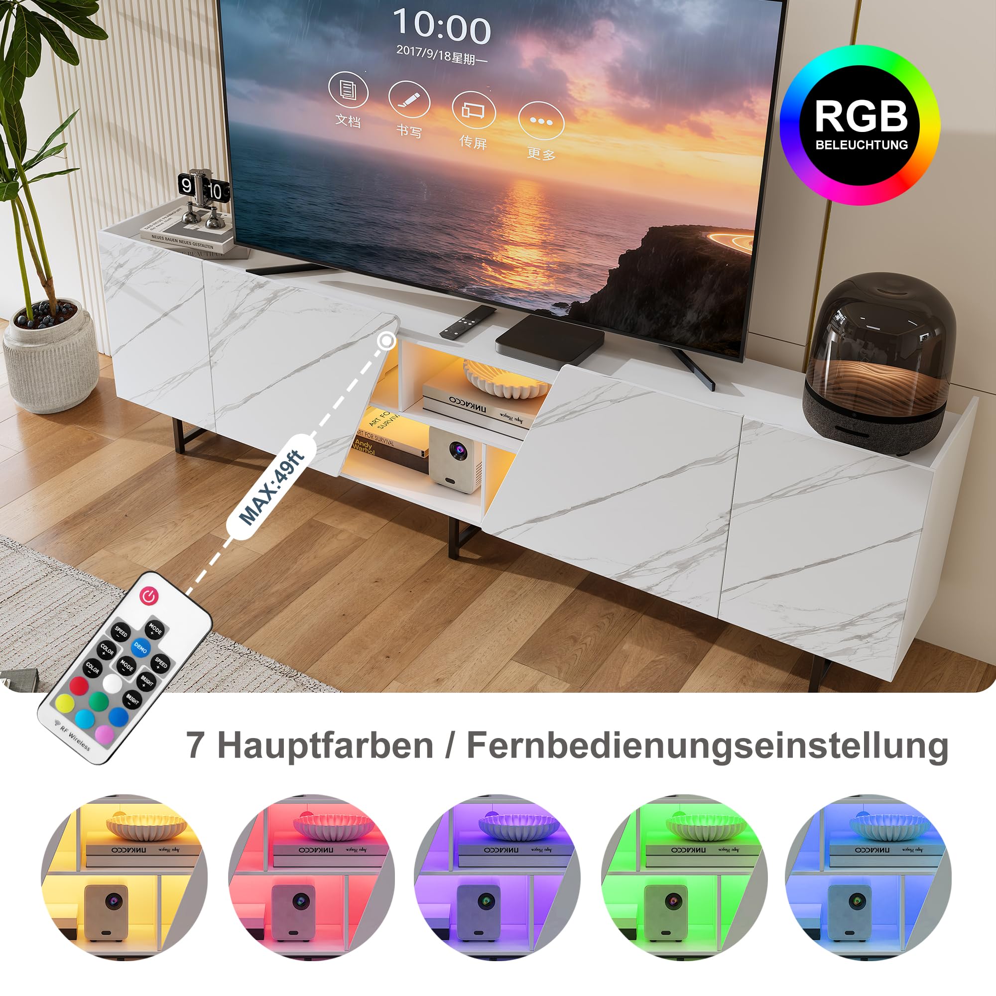 BRILVERDE Fernsehschrank mit LED-Beleuchtung in Weißer Marmoroptik Hochglanz – 220 cm TV Lowboard mit Tür, Stauraum und Sideboards, für Wohnzimmer (Weiß,220cm)