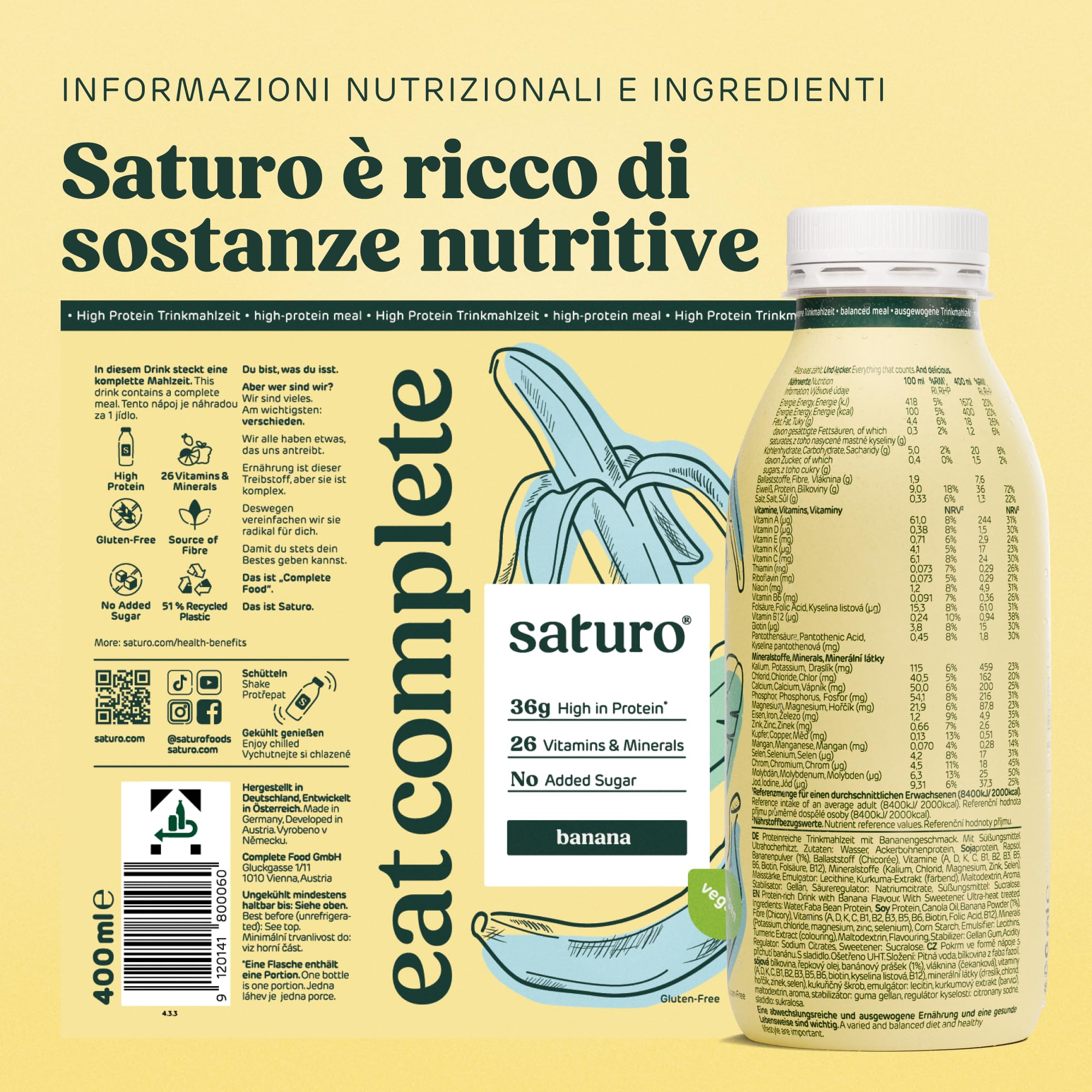 Saturo Pasto Sostitutivo Frullato Gusto Banana | 36 g di proteine & senza zucchero | 400 kcal | Vegano | Pasto Bevibile con Nutrienti Essenziali | 6 x 400 ml