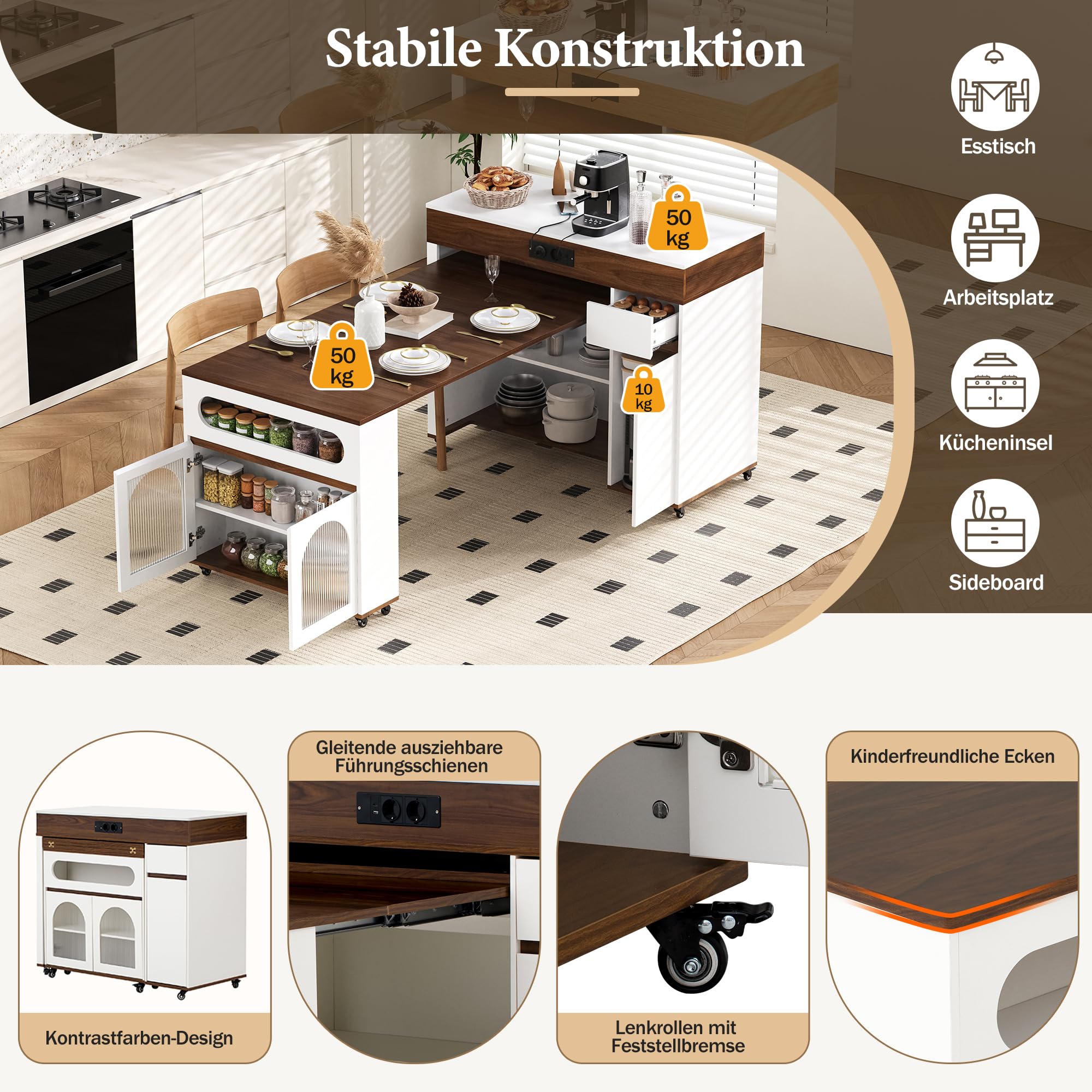 îLot De Cuisine Sur Roulettes,îLot De Cuisine RéTractable,Table Multiprises 1 Tiroir Et 3 Portes D'Armoire Sert D'îLot De Buffet Ou De Table De Bar Pour La Cuisine Et La Salle à Manger,Blanc + Noyer