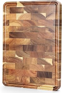 XINZUO Acacia Wood Cutting Board for Kitchen End Grain Cutting Board (13.8''W x 9.8''W x 1''T)-Wooden Chopping Board Meat Cutting Board with Non-Slip Feet, Side Handles and Juice Groove