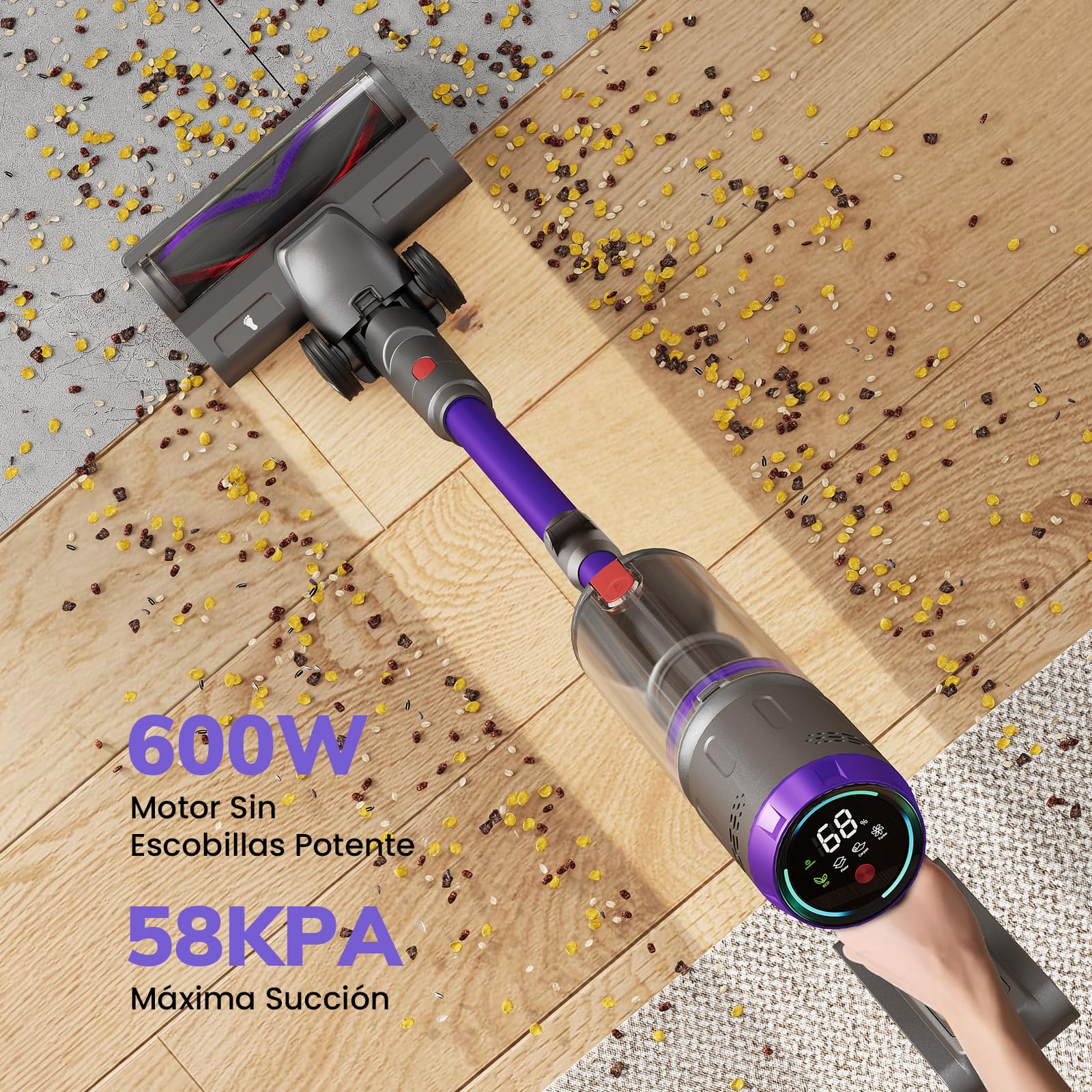 Aspiradora Sin Cable 58000Pa/600W/75Min, Escoba Aspiradora sin Cable Potente con Brazo Flexible, Manguera Extensible de 1m, Srotolatore di Peli di Animali, para Suelo/Alfombra/Pelo de Animal