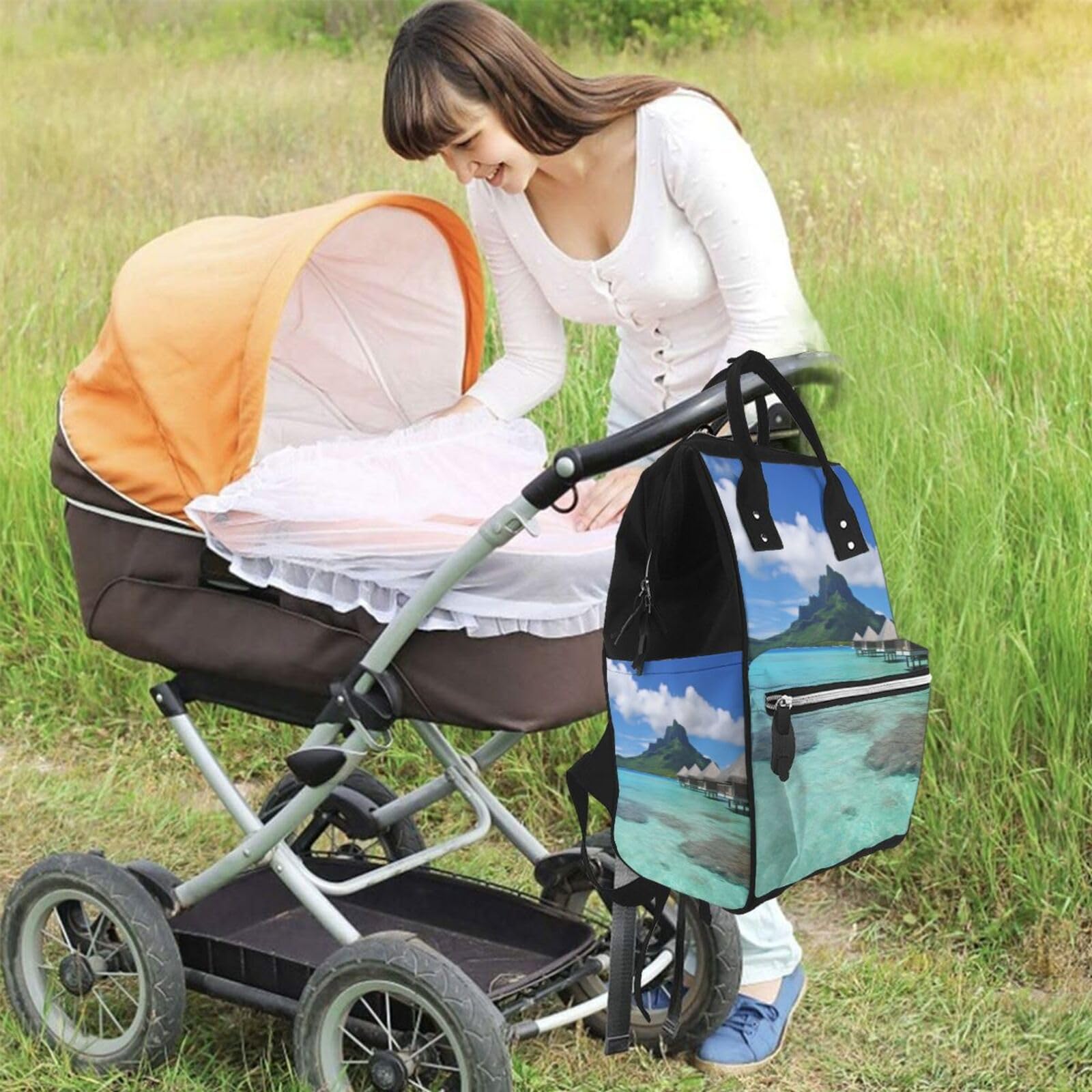 Tahiti Sac à langer multifonction pour ordinateur portable Motif plage Grand sac à langer, noir, One Size, Sacs à dos de voyage