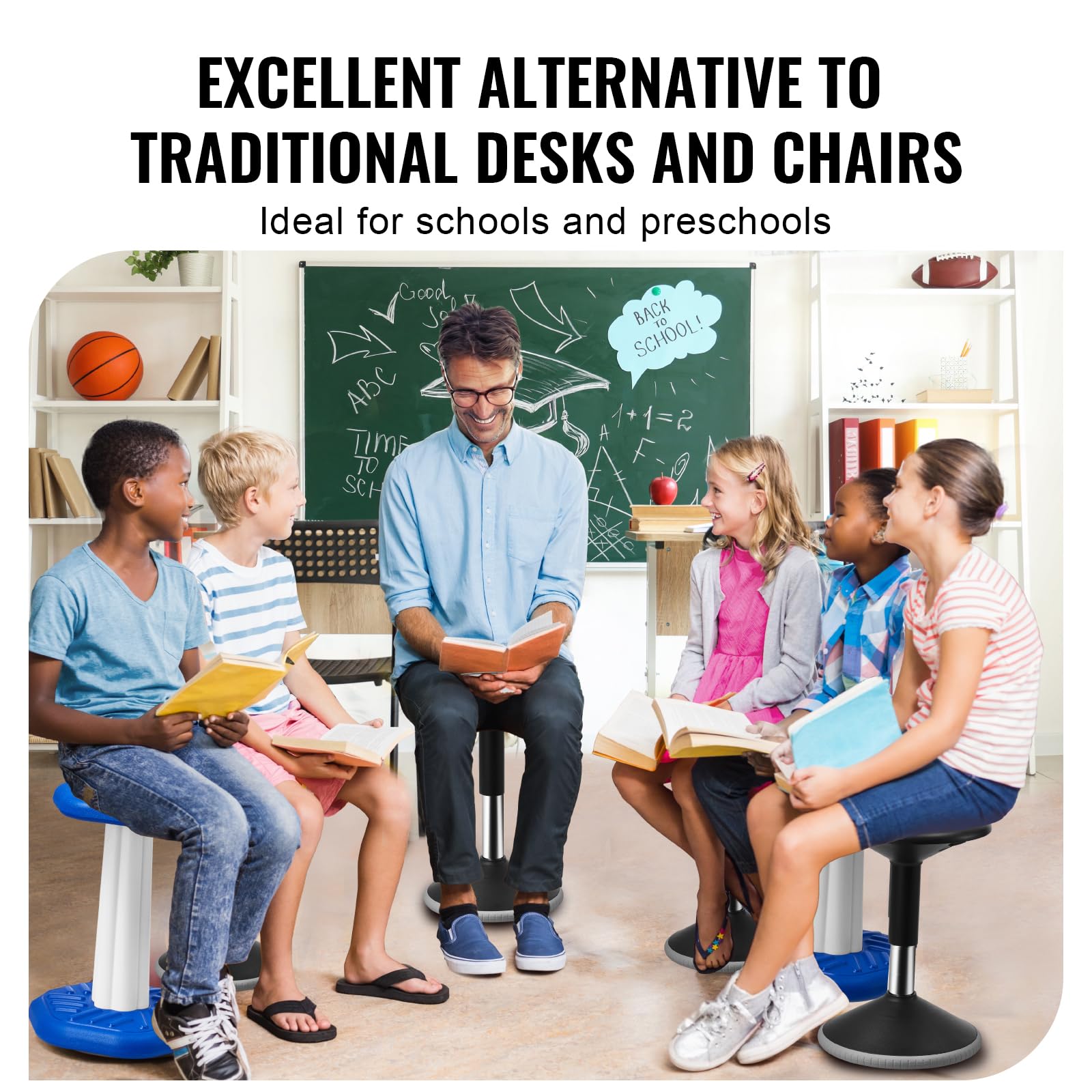 VEVOR Silla Oscilante Silla Activa de Altura Ajustable 40-55 cm, Taburete Oscilante con Asiento Flexible Hecho de PVC y ABS Ideal para Niños de 12 a 18 Años en Escuelas, Oficinas, Hogares, Negro