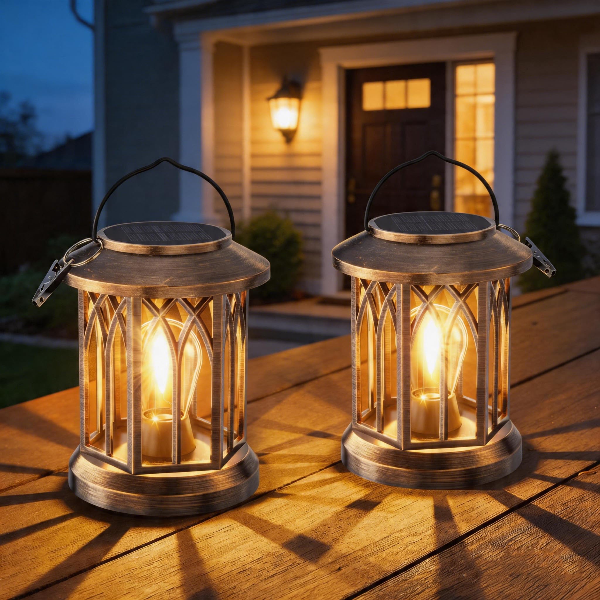 BUCASA Solar Lights Outdoor Garden, 2 Pack Hexagonal Vintage Solar Lanterns with LED Buld, Clip, 12H Runtime Garden Ornaments Outdoor Lantern Light, Waterproof Decorative Lighting for Table Yard Patio
