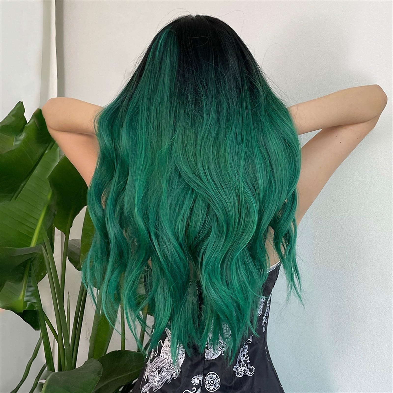 Parrucche Parrucche Sintetiche Alpine Lunghe e Ricci Ondulate Verde Foresta con Frangia Cosplay for Capelli di Halloween for Feste Afro da Donna Parrucche Donna