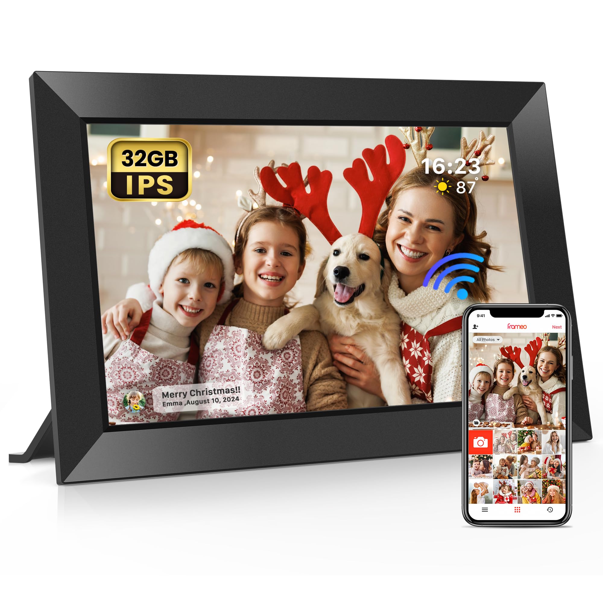 Frameo 10.1 Inch WiFi Digital Picture Frame with 32GB Memory, 1280 x 800 IPS Touch Screen Smart Electronic Photo Frame, Wall Mountable, Auto-Rotate,
