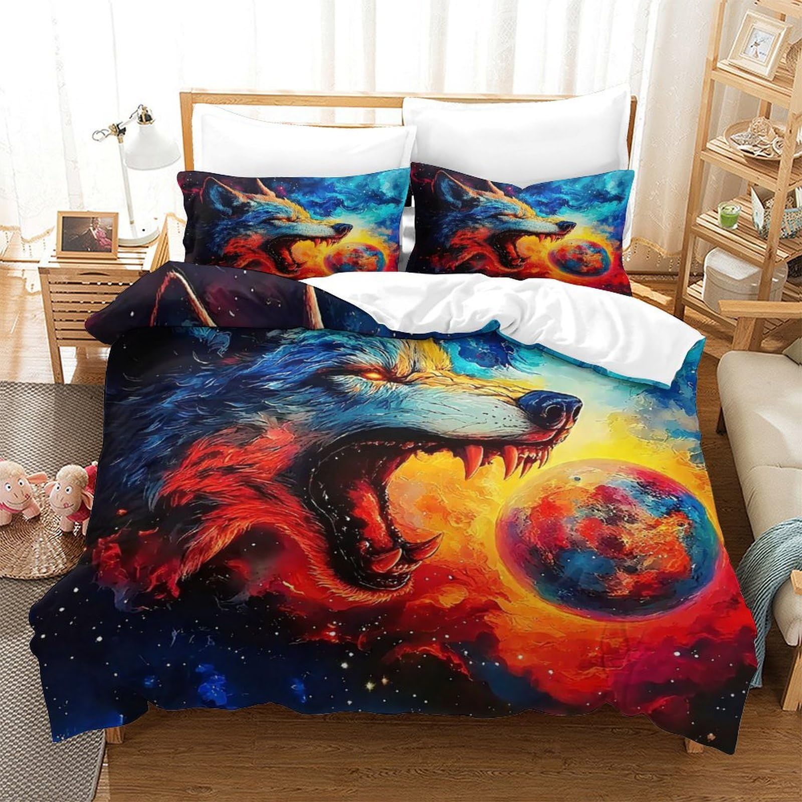 Housse de couette loup 3D fantaisie microfibre douce avec fermeture éclair cachée enfant adulte
