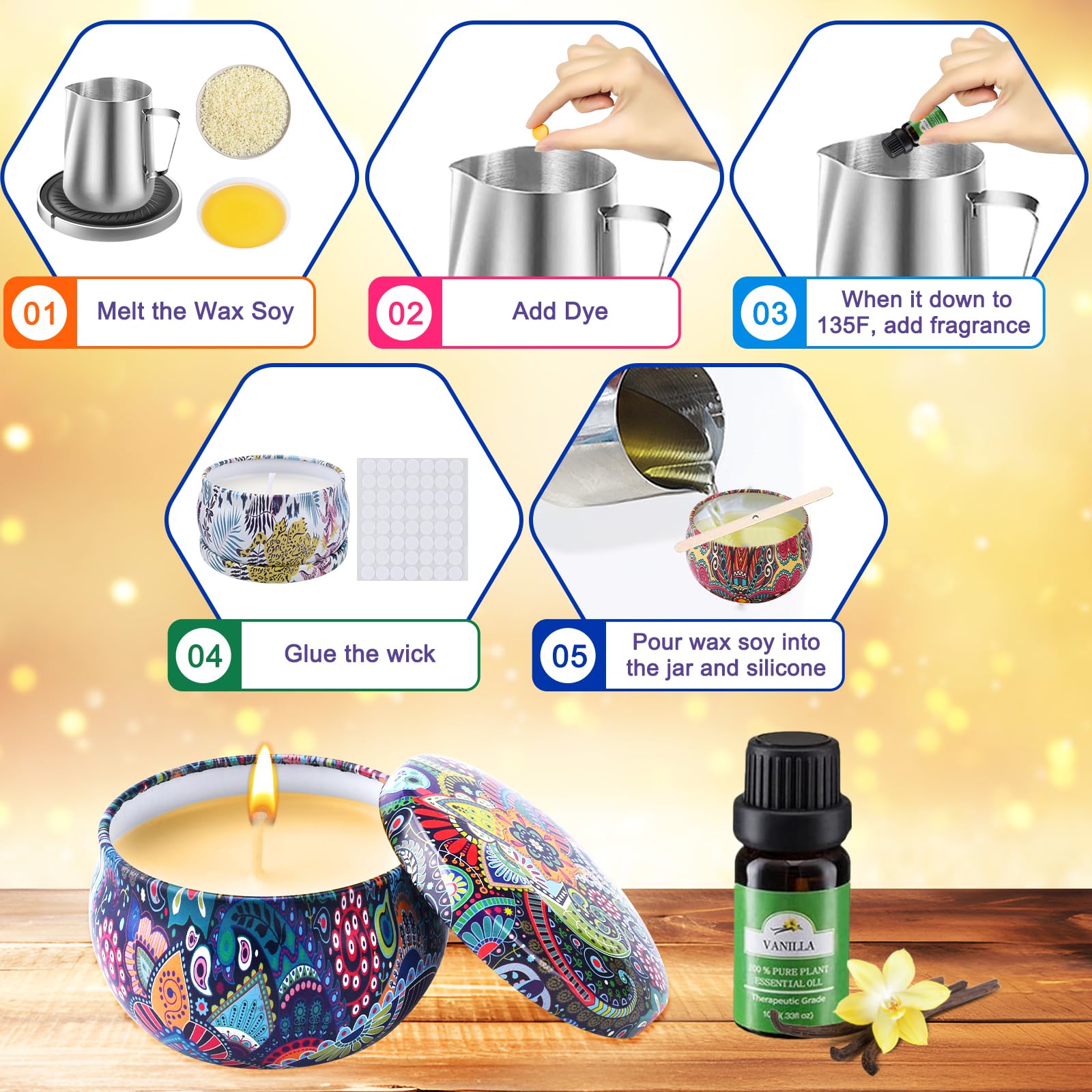 DilaBee CraftZee Kaarsen Maken Kit voor Volwassenen, Beginners - DIY Soja Kaarsen Maken Benodigdheden met Soja Wax, Geuren, Likken, Kleurstoffen, Blikken, Smelting Pot, Labels, Handleiding & Meer
