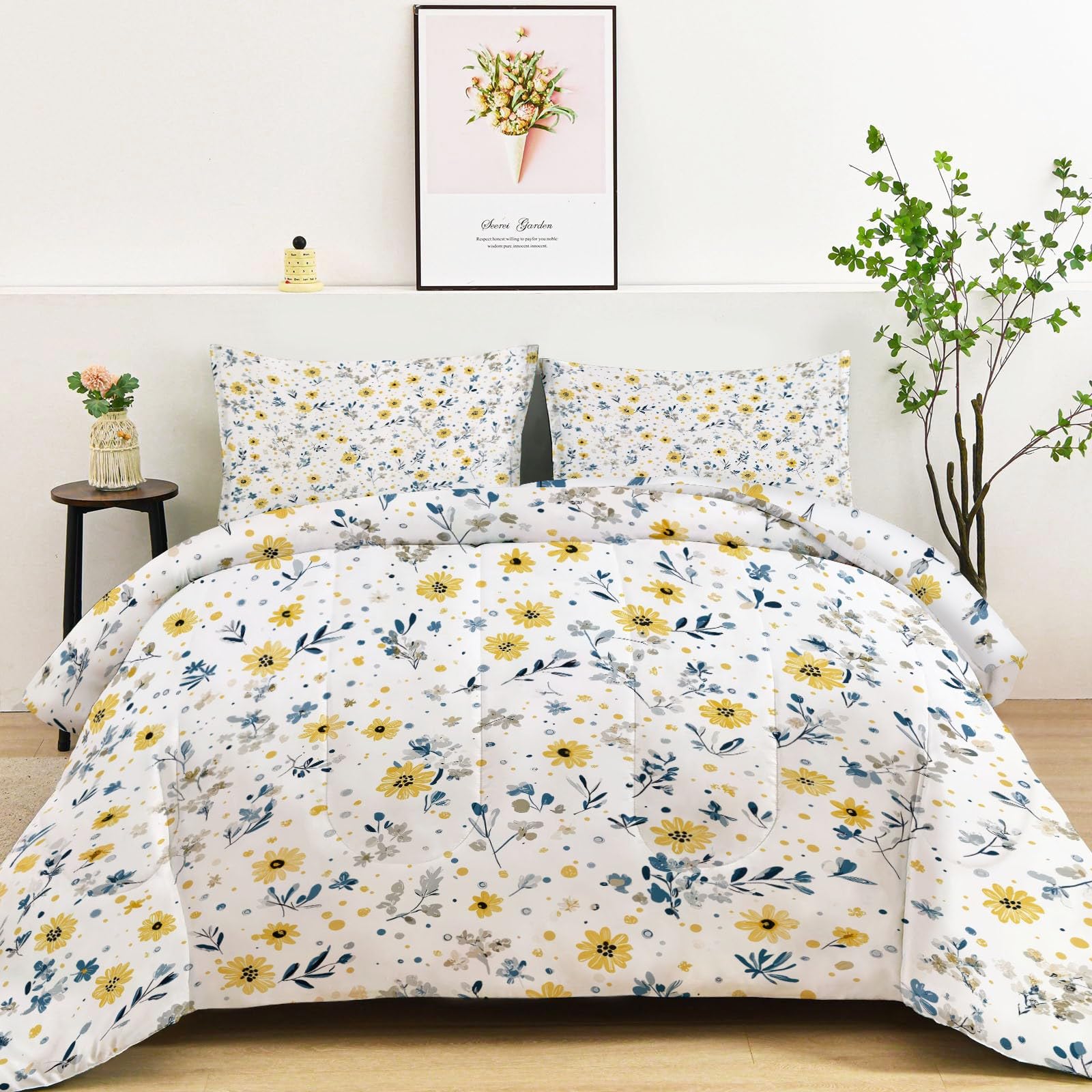 Exquisite Blumen Ganzjahresdecke, 4 Jahreszeiten Waschbare Bettdecke Ohne Bezug, Wendbare Tagesdecke aus Mikrofaser, beidseitig verwendbar, 135x200 cm, Weiß