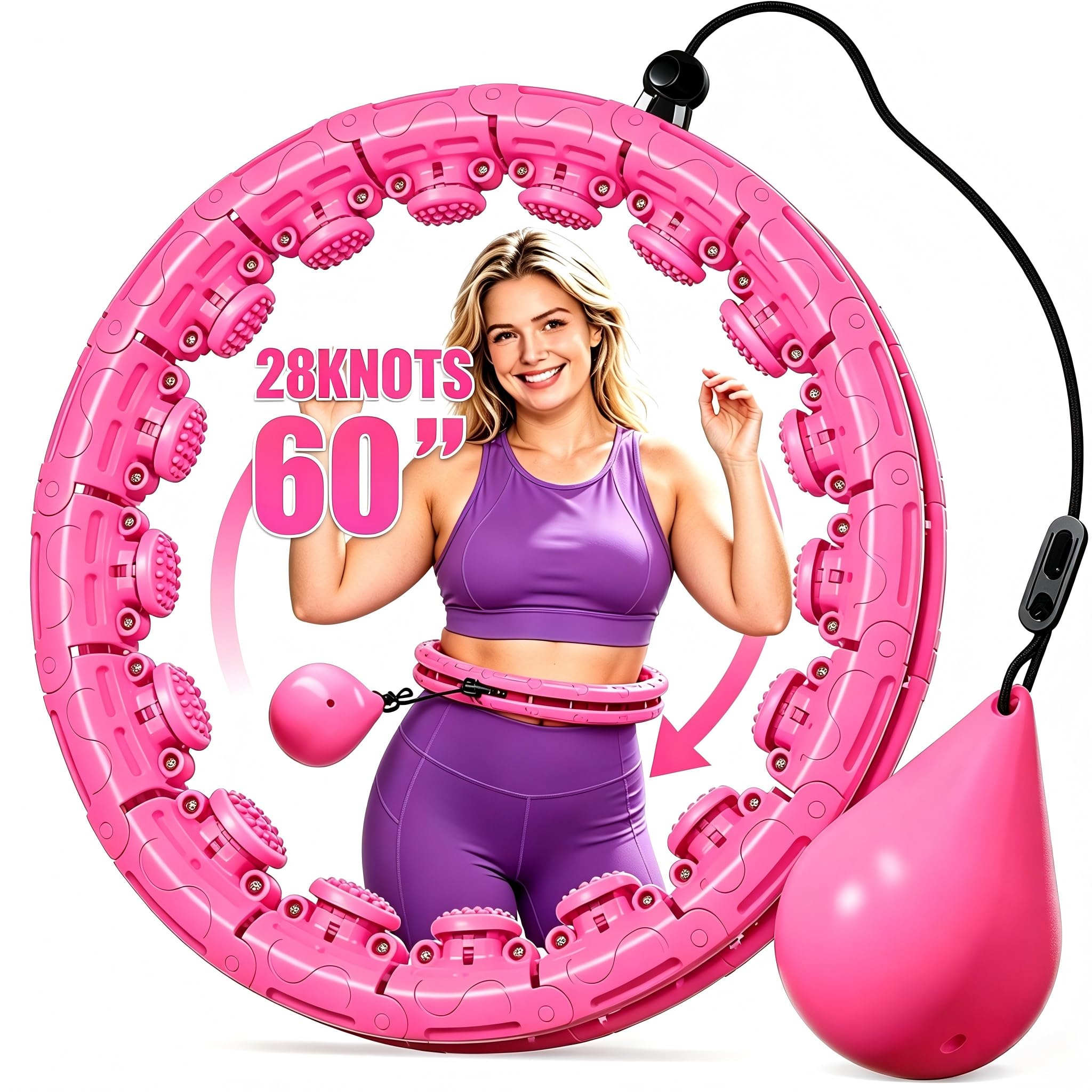 Hula Hoop Infinity - Aro de fitness de ABS rosa para pérdida de peso de | Smart Workout Hula Circle, 28 nudos desmontables ajustables hasta 60 pulgadas, ABS duradero para mujeres y principiantes