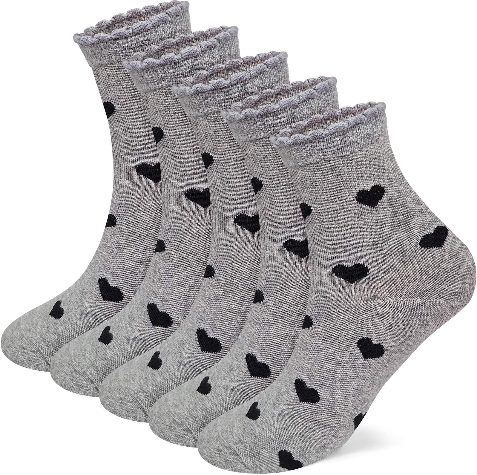 CUTIE MANGO 5 Pairs Heart Pattern Crew Socks For Women - Cute Cotton Womens Socks for Size 6,7,8,9,10