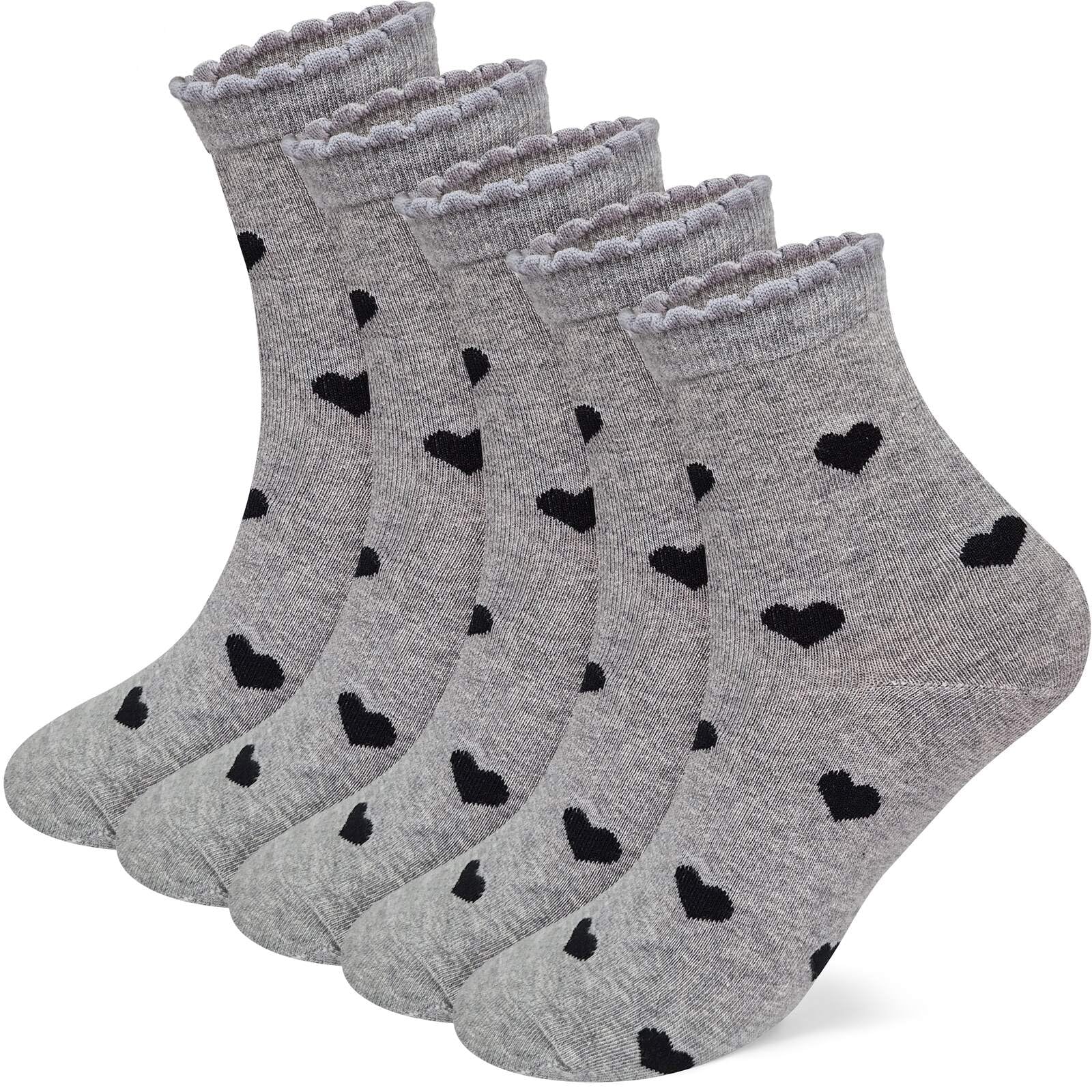 CUTIE MANGO 5 Pairs Heart Pattern Crew Socks For Women - Cute Cotton Womens Socks for Size 6,7,8,9,10