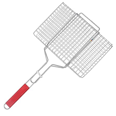 Livzing Portable Barbecue BBQ Grill Net Basket Roast Grilling Tray Chromium Plated with Wooden Handle, Pack of 1