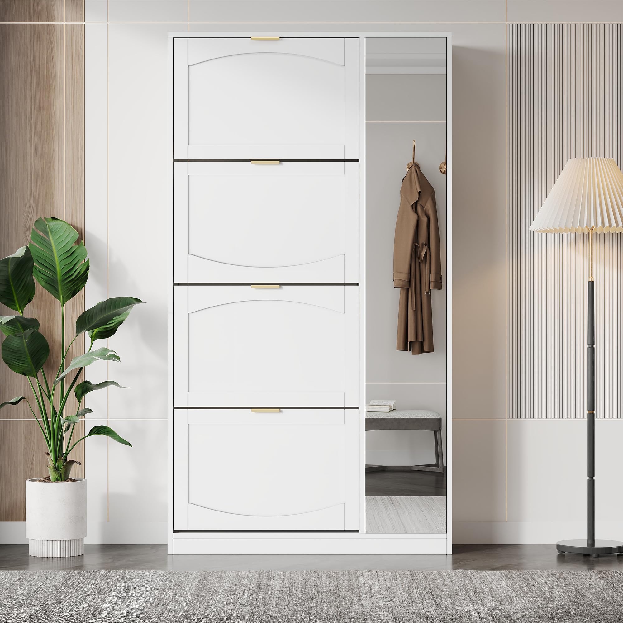 Muskel Zapatero con espejo y 4 compartimentos plegables – Armario de pasillo moderno con estantes ajustables – Zapatero para entrada o sala de estar – Blanco B80 × 24 × H 147 cm