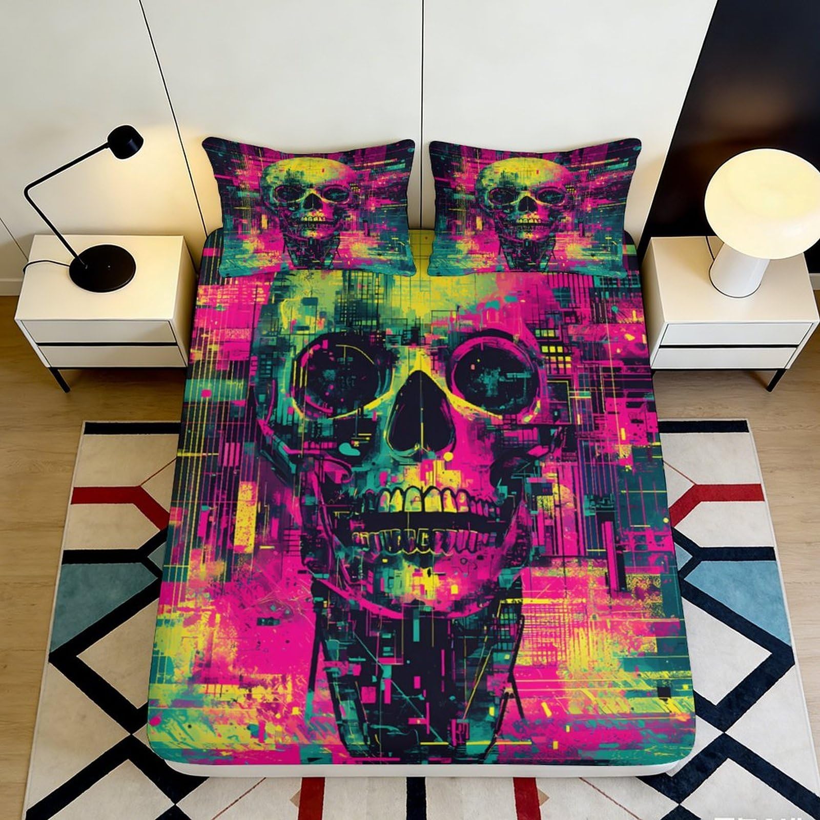 3D Printed Neon Skull Fitted Sheet Microfiber Vibrant Colors Artistic Bed Cover for Bedroom Dorm Guest Room Decor 90x200x25cm