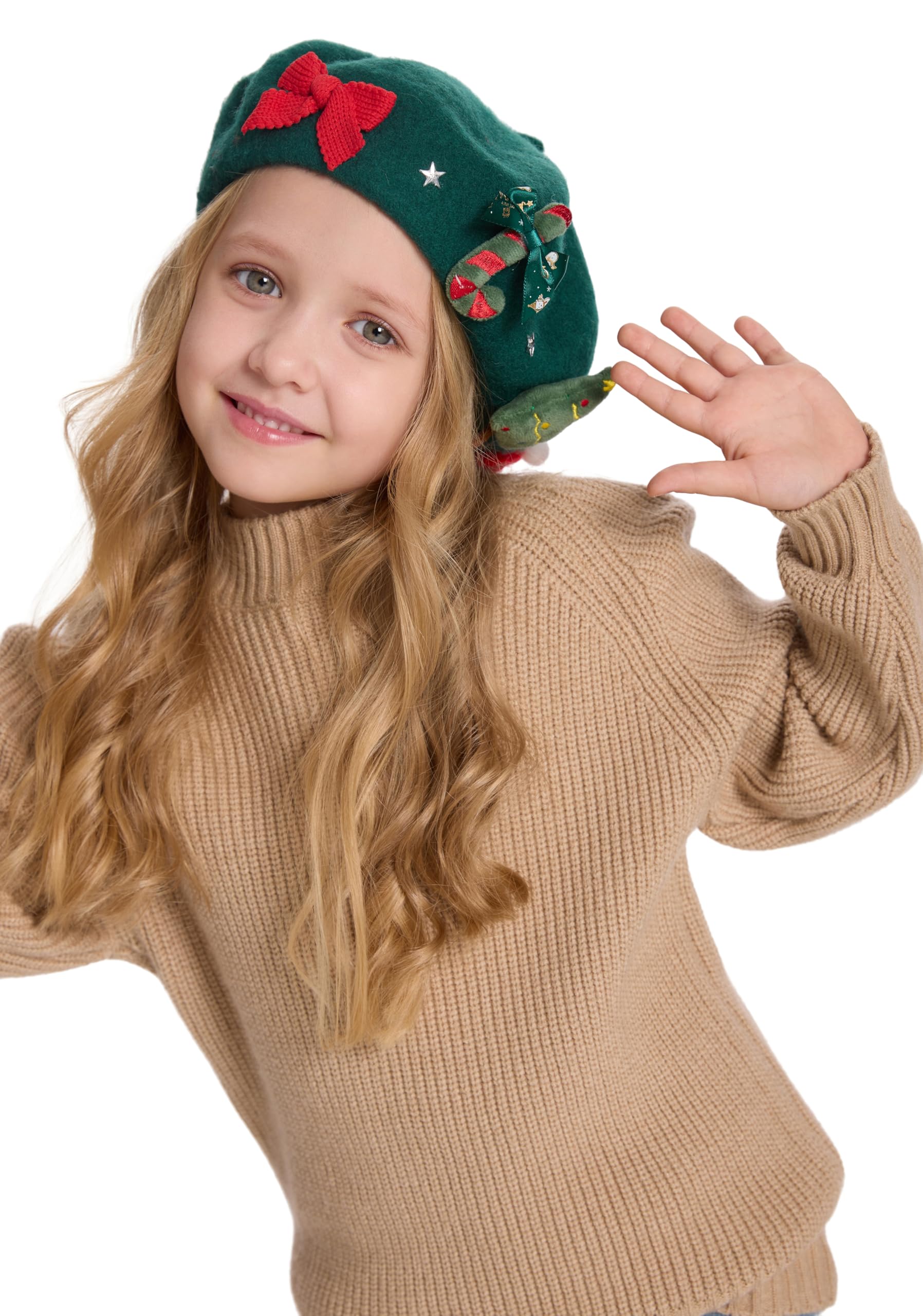 ZLYC Wool Kids Beret Hat Girls Solid Color Artist French Beret Cap(Christmas Tree Green),One Size - Image 3