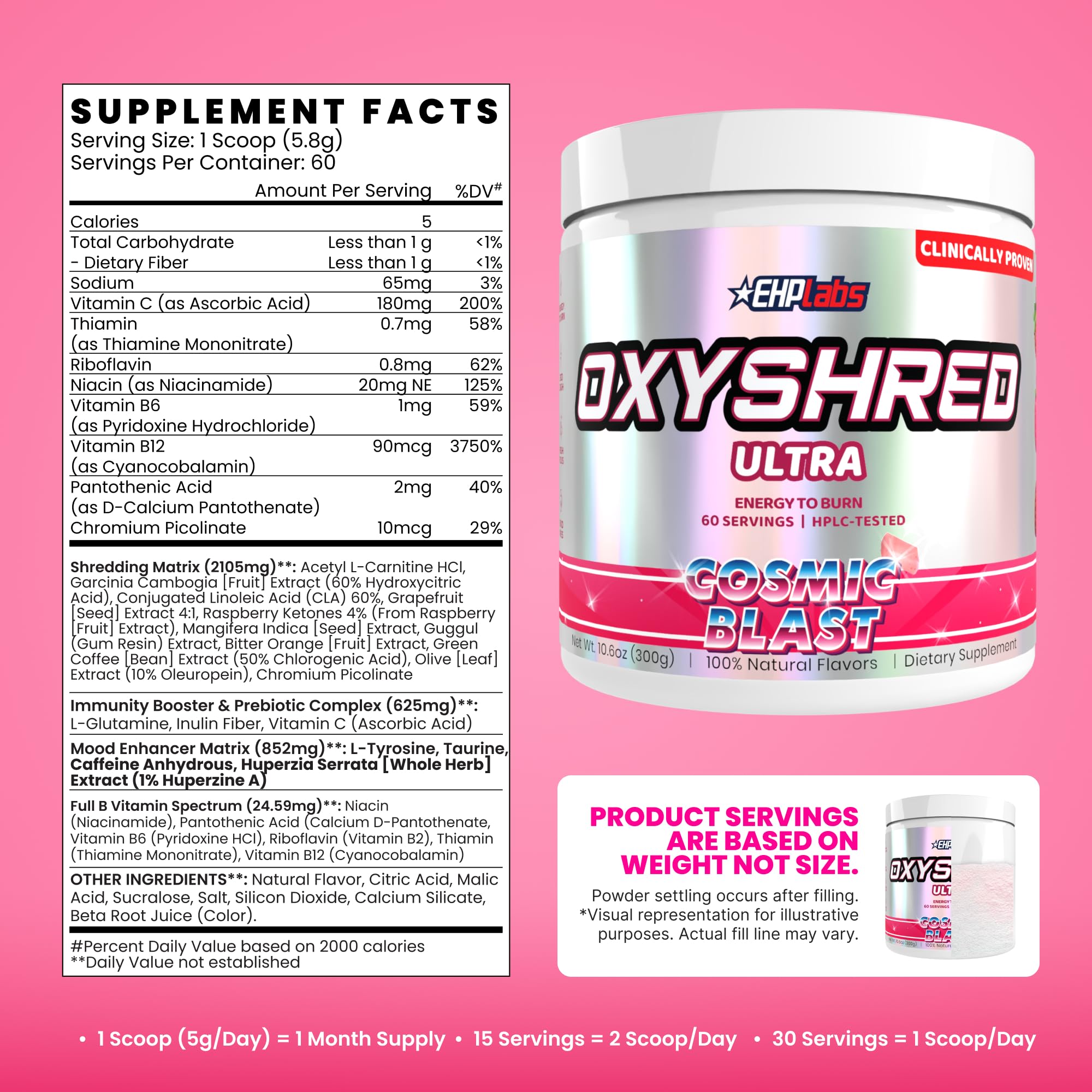 EHP Labs OxyShred Pre Workout Powder - Preworkout Powder with L Glutamine & Acetyl L Carnitine, Energy Boost Drink - Cosmic Blast, 60 Servings — Amazon image 2