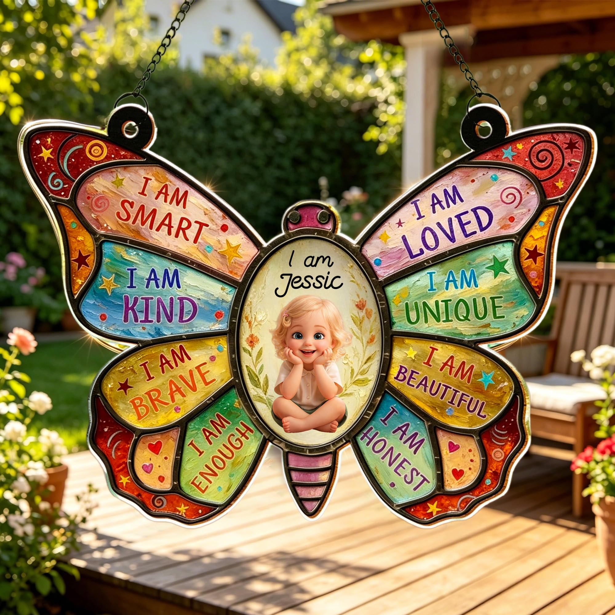 Custom Butterfly Suncatcher with Photo & Name – Acrylic Window Hanging – “I Am Kind, Smart, Brave” – Gift for Mom, Daughter, Loved Ones (Style 2)