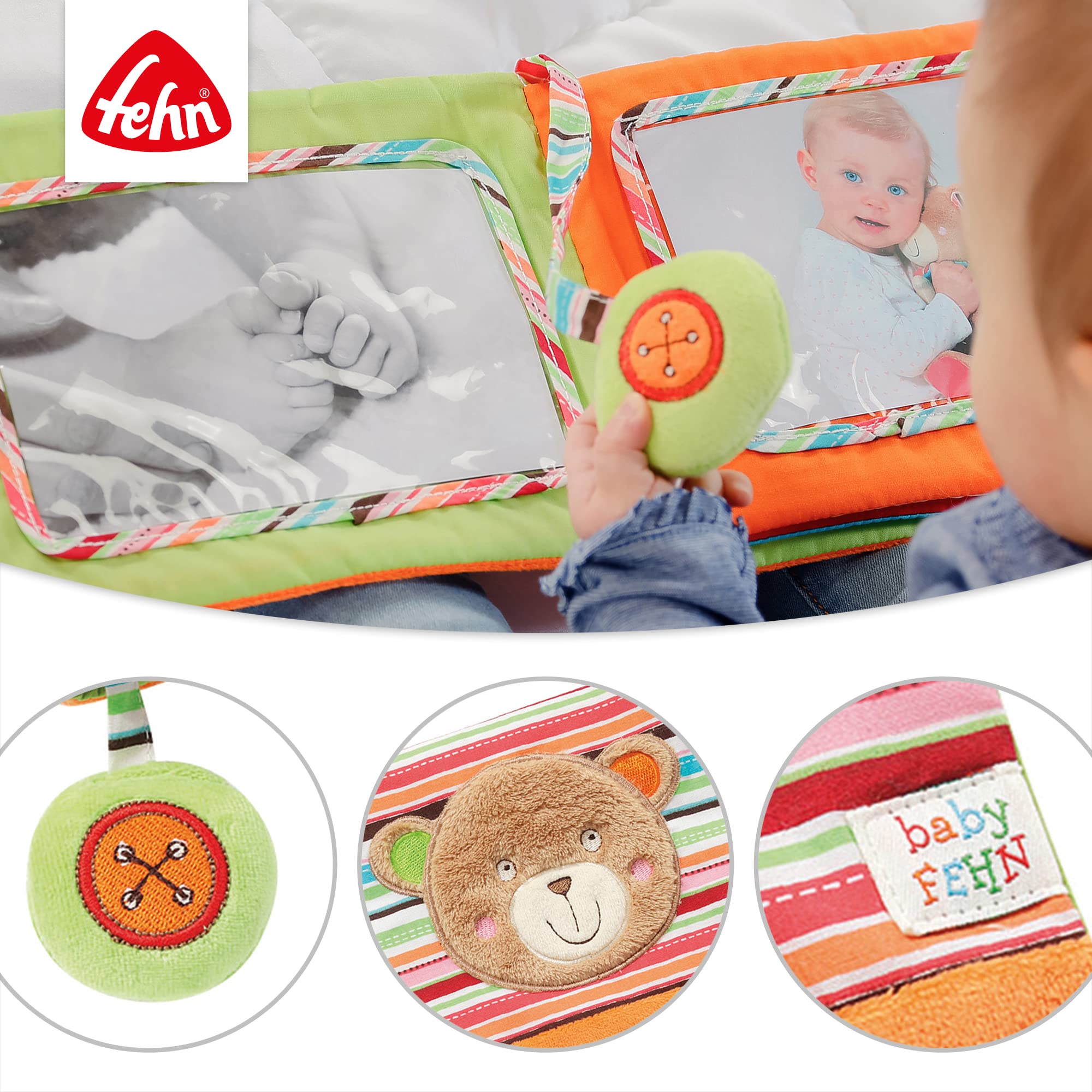 Fehn Baby Photo Album Teddy - album fotografico di ricordi da disegnare e sentire in tessuto - album giocattolo per la nascita per neonati e bambini da 0+ mesi per memorizzare volti e imparare nomi