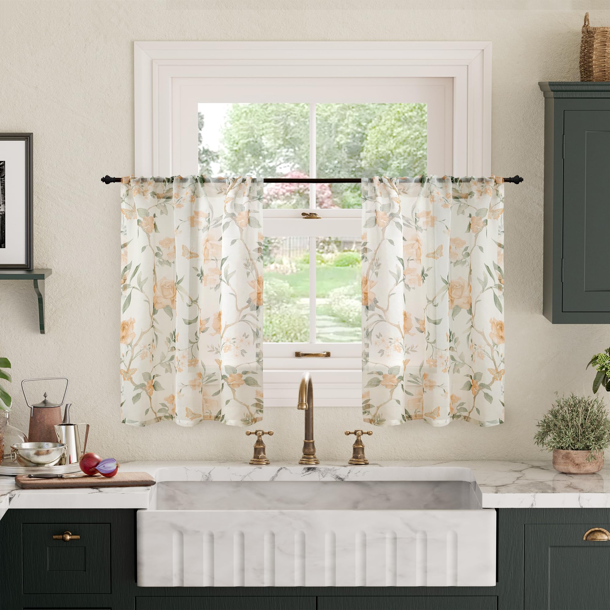 Lajode Floral Sheer Curtains for Windows, Short Semi Sheer Light Filtering Vintage Farmhouse Basement Half Cafe Curtains 24 Inch Length 2 Panels, Rod Pocket, Champagne Beige, Each 30 Inch Wide — image 1