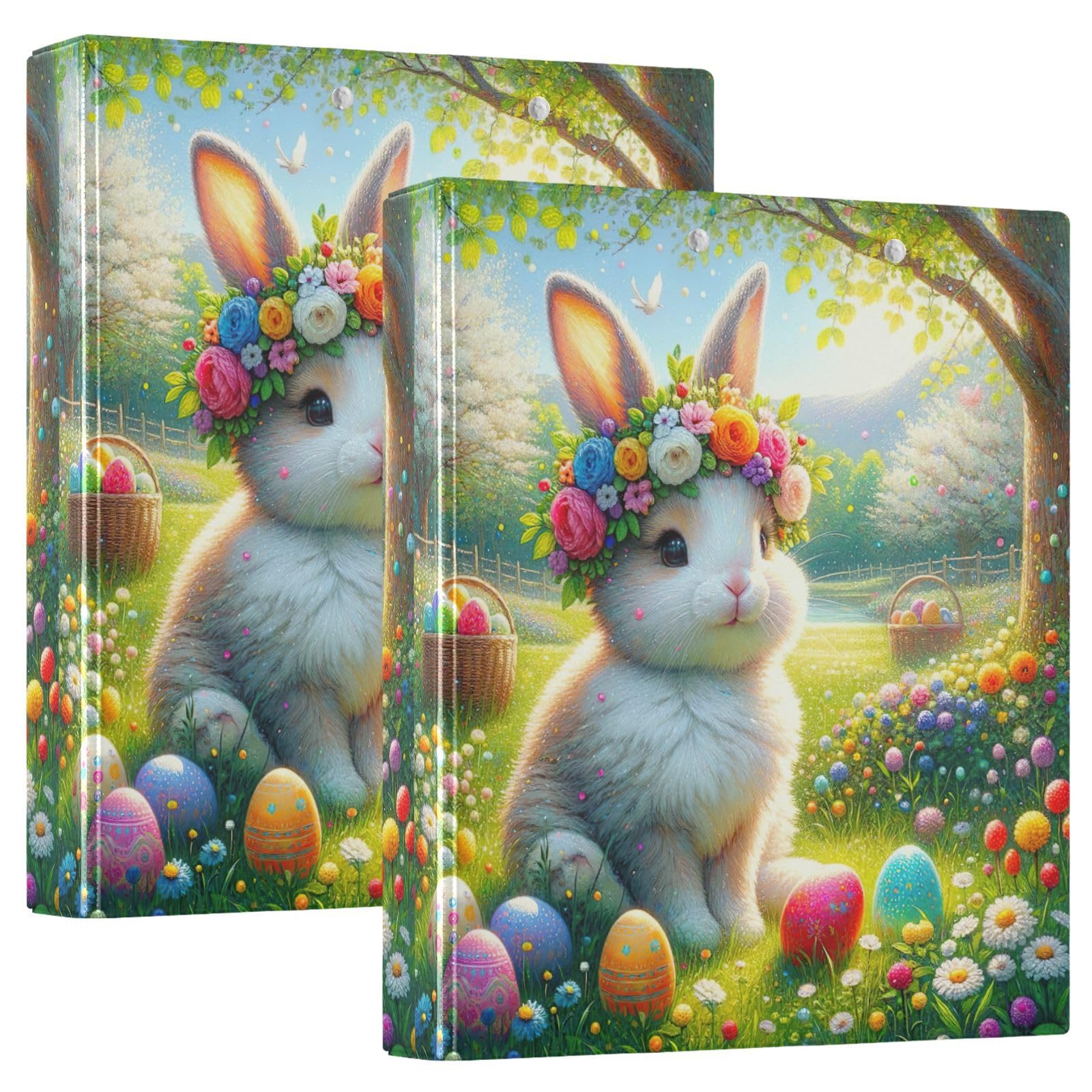 Confezione da 2 raccoglitori ad anelli pasquali con motivo floreale e coniglio, con tasche, grandi, per scuola, università, ufficio