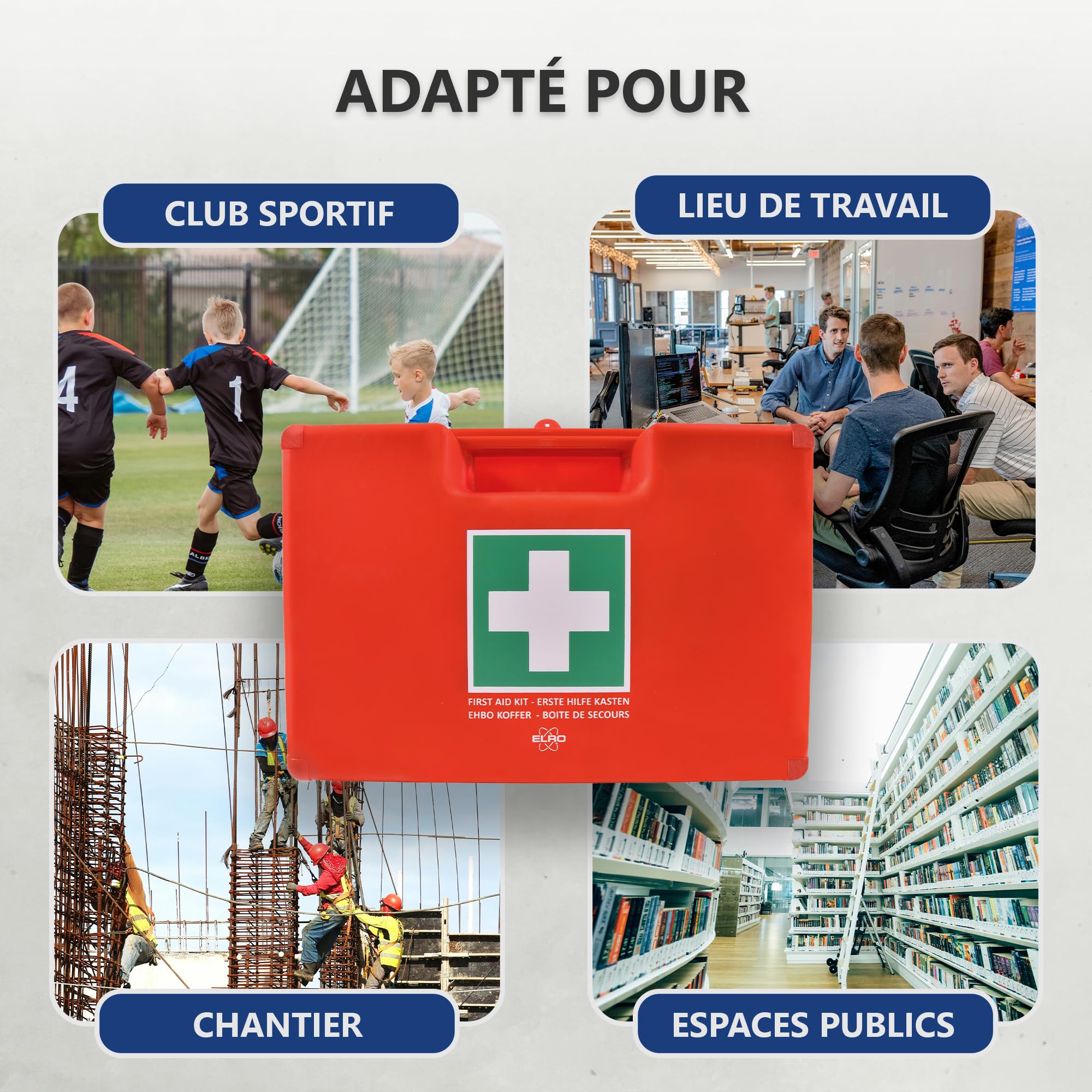 Elro EHBO5000 – Kit de Premiers Secours A Large – 165 pièces – Certifié EN13169 – Pour Bureaux, Associations et Maison – 50+ personnes – Avec Valise Rigide et Support Mural