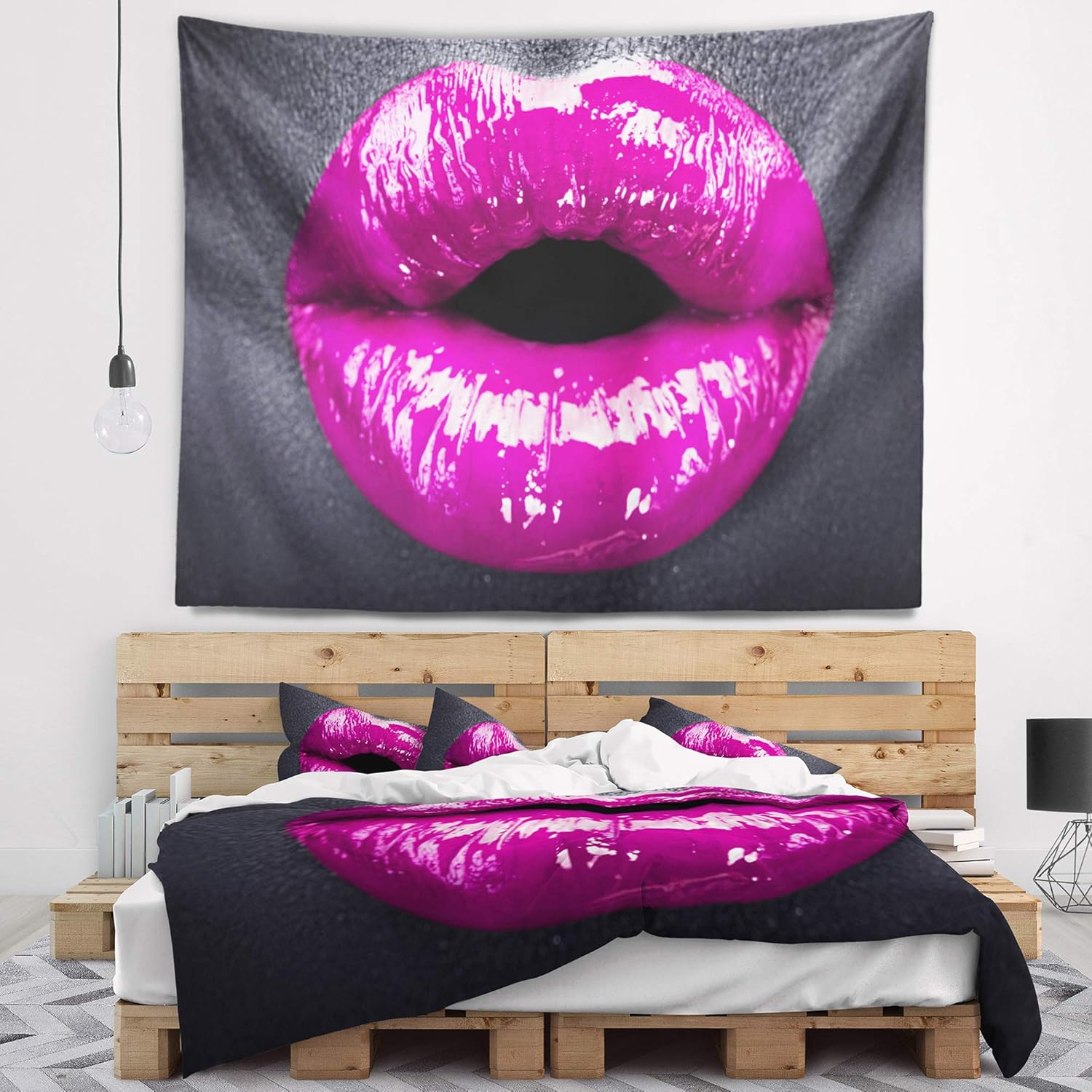 Designart ' Purple Lip Makeup' Modern Portrait Tapestry Blanket Décor Wall Art for Home and Office, Created On Lightweight Polyester Fabric x Large: 92 in. x 78 in
