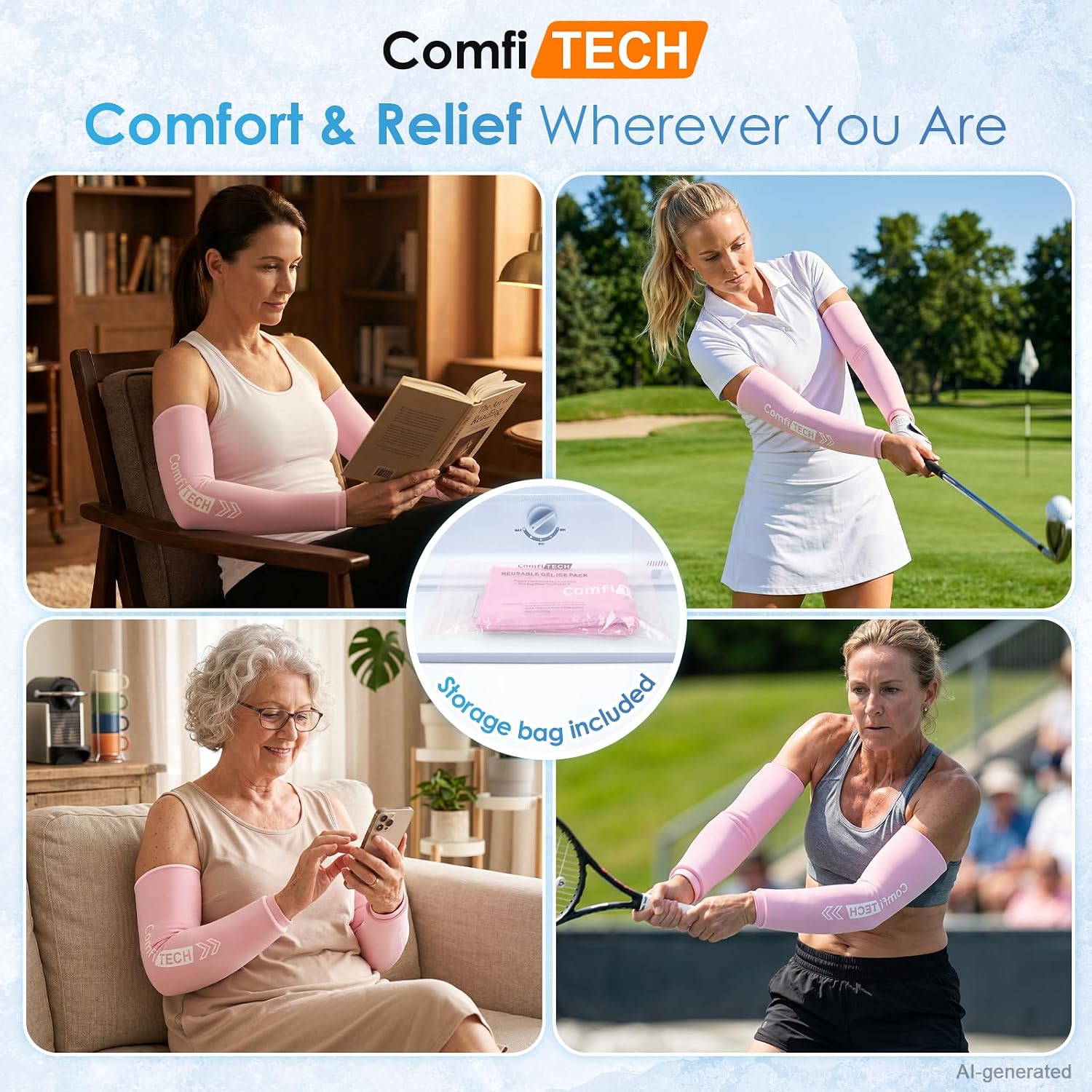 ComfiTECH Reusable Women Arm Elbow Ice Pack Sleeve Wrap, Medium, 2 Packs | Flexible Gel Cold Sleeve, Elbow Wrist Shin, Golf Tennis Pitchers, Ease Tendinitis, Arthritis & Workout Soreness, Soft Cool