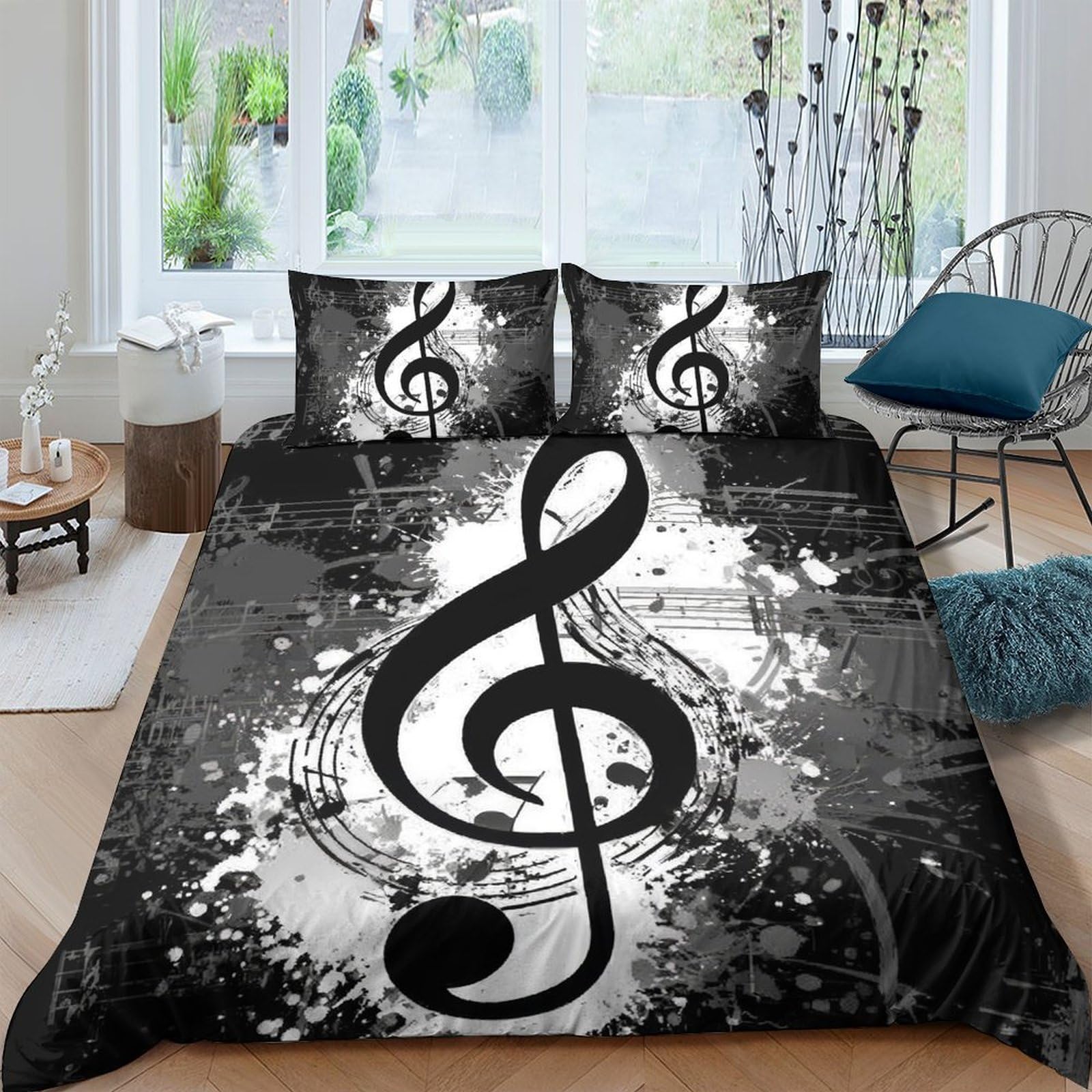 Ctjqhvkz Style-5 3D Printed Music Note Fitted Sheet Microfiber Black White Artistic Bed Sheet Modern Bedroom Decor Mattress Cover Single（135X200cm）