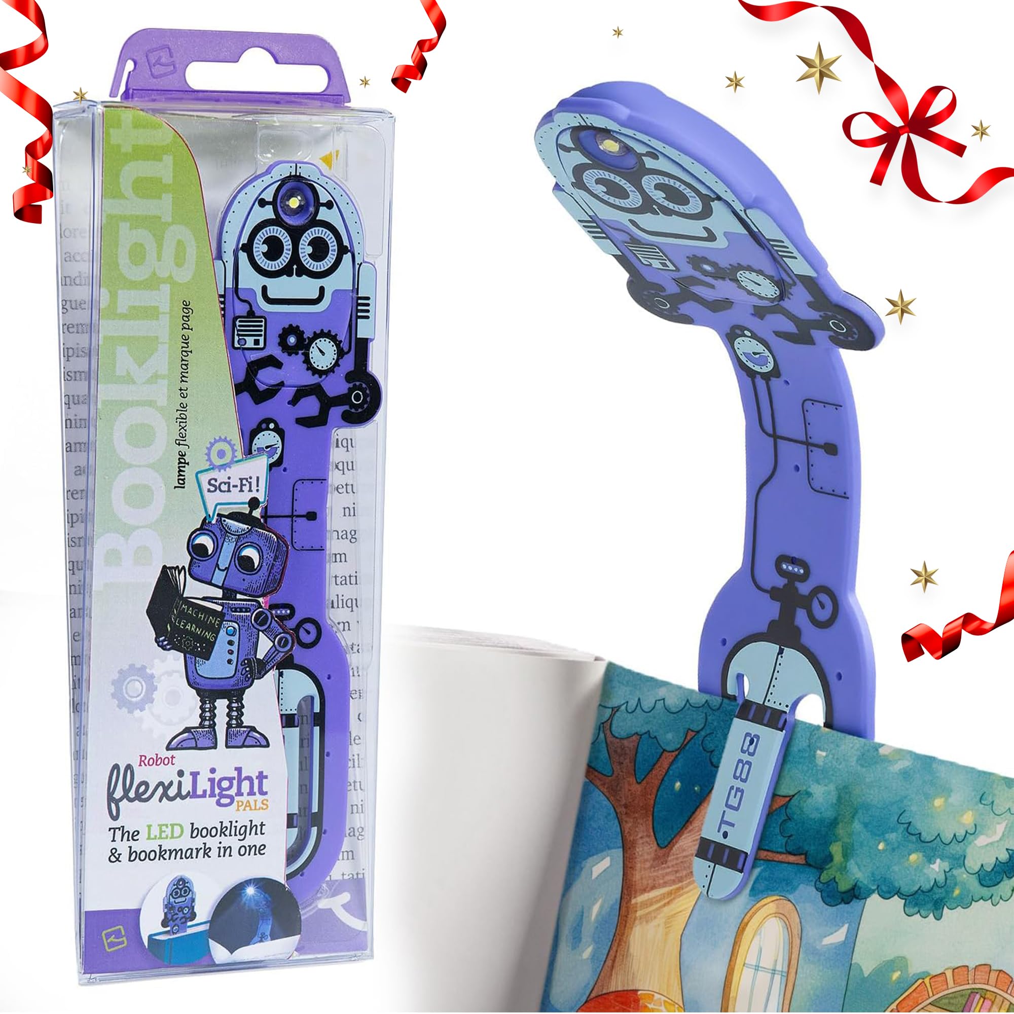Gifts for Readers & Writers Book Light for Kids, Clip On Reading Light for Bed, 2in1 Flexilight Pals & Bookmark, Small & Lightweight with a Soft Glow, 2 Batteries Included, Robot Purple