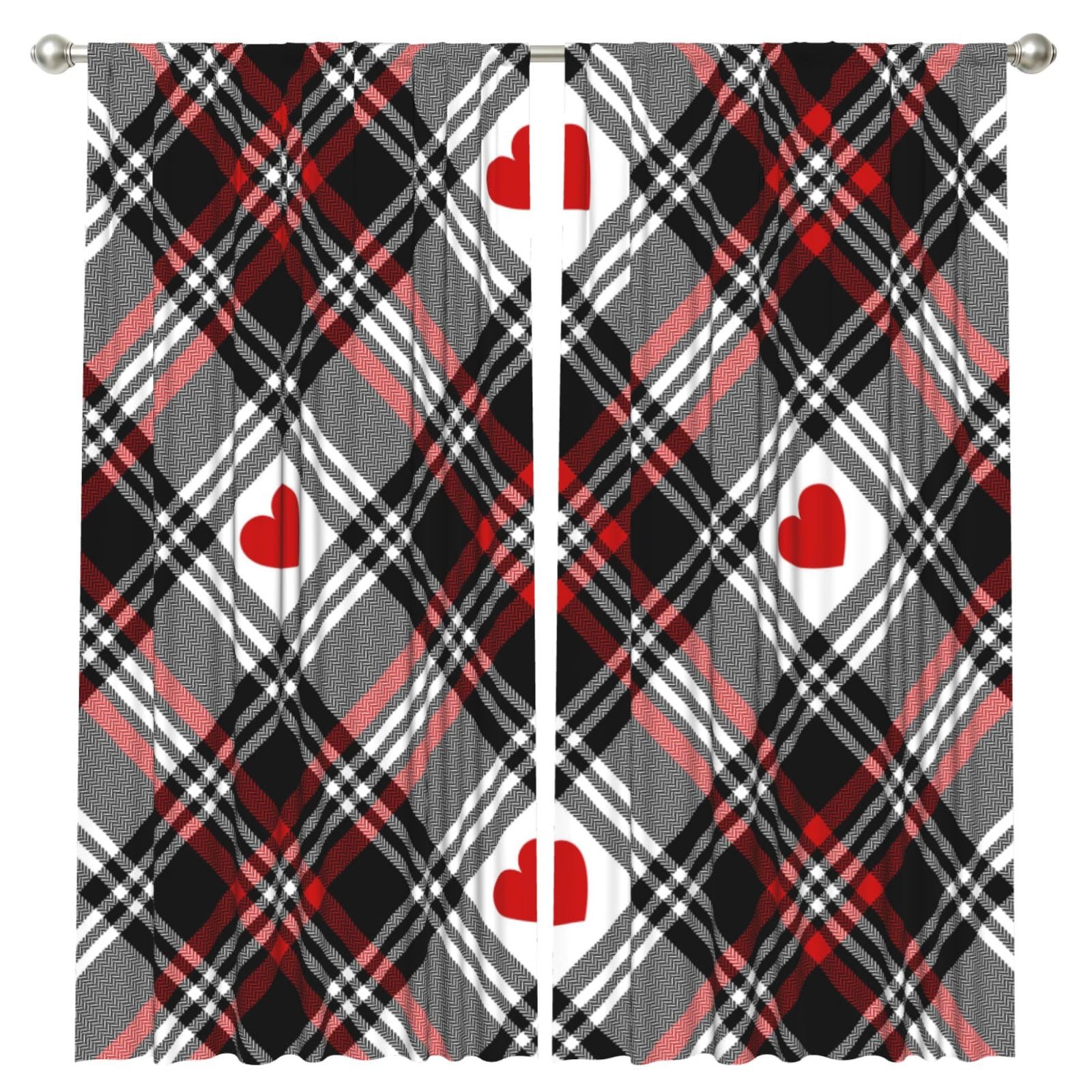 InOmak Valentines Plaid Hearts, 2 Panels Window Curtains 52 x 84 Inch Blackout Curtains for Living Room Bedroom
