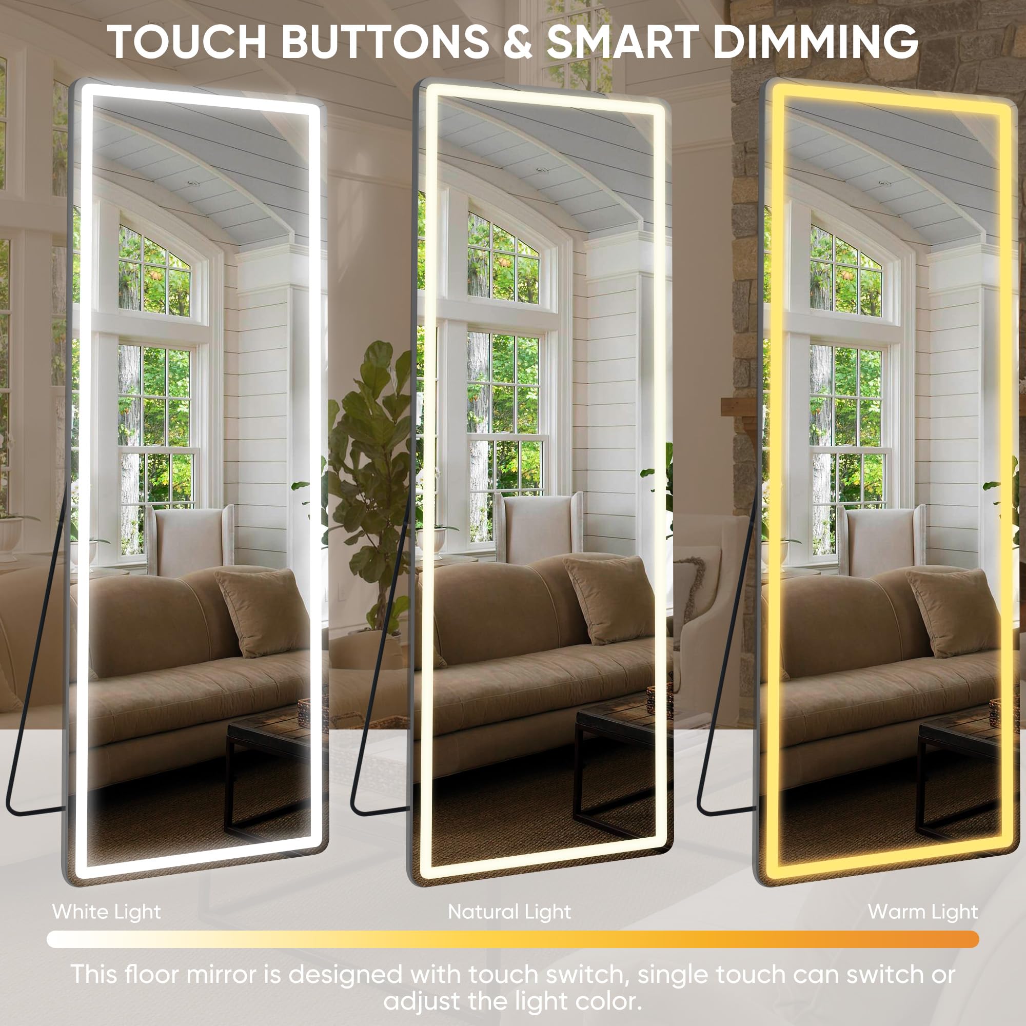 Antok LED Full Length Mirror, 71" x 28" Lighted Floor Standing LED Mirror Full Length,Hanging Mirrors with Stand Free Standing Floor Mirrors for Bedroom (Rect): 71"L x 28"W Rect Style White