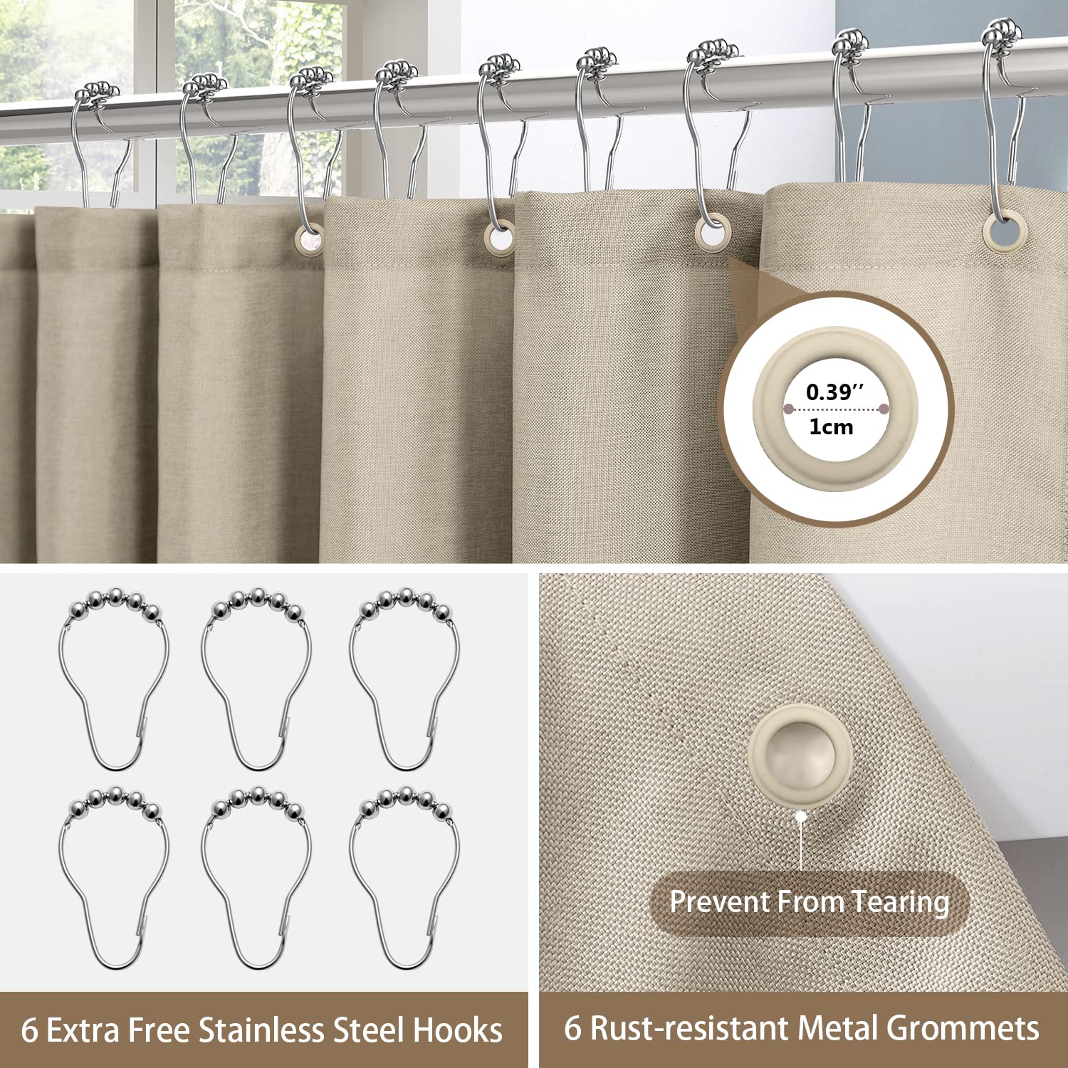 VANZAVANZU Waterproof Narrow Shower Curtain 92x182cm for Small Bathroom with Metal Hooks Linen Fabric Shower Curtain Heavy Duty Bath Curtain for Wet Room Bathtub Shower Stall - Image 3
