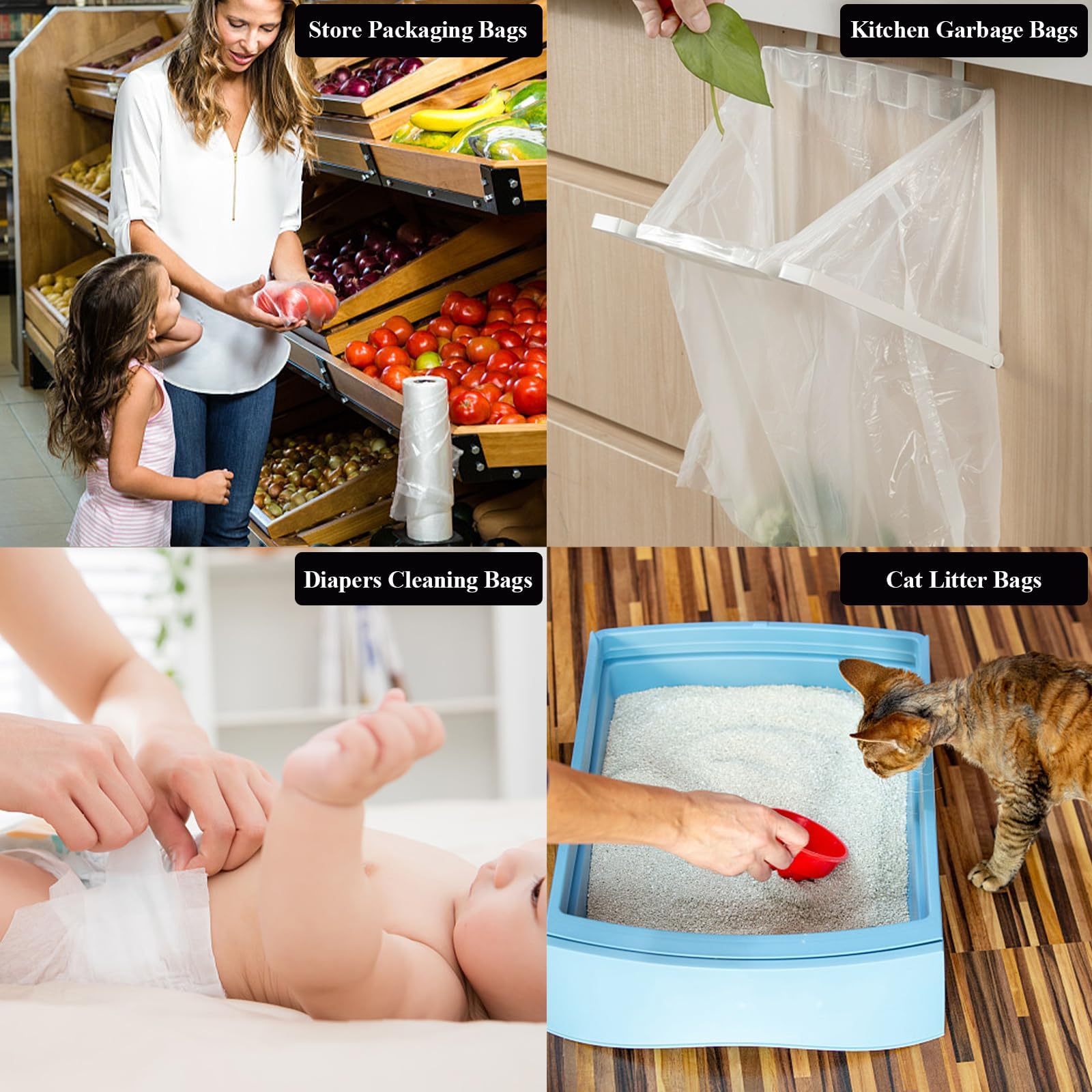 4 Rollen Kunststoffbeutel für Lebensmittel, 30 x 50 cm, haltbare, transparente Lebensmittelaufbewahrungsbeutel für Brot, Obst, Gemüse, Einkaufen, 1400 Stück Poly-Verpackungsbeutel