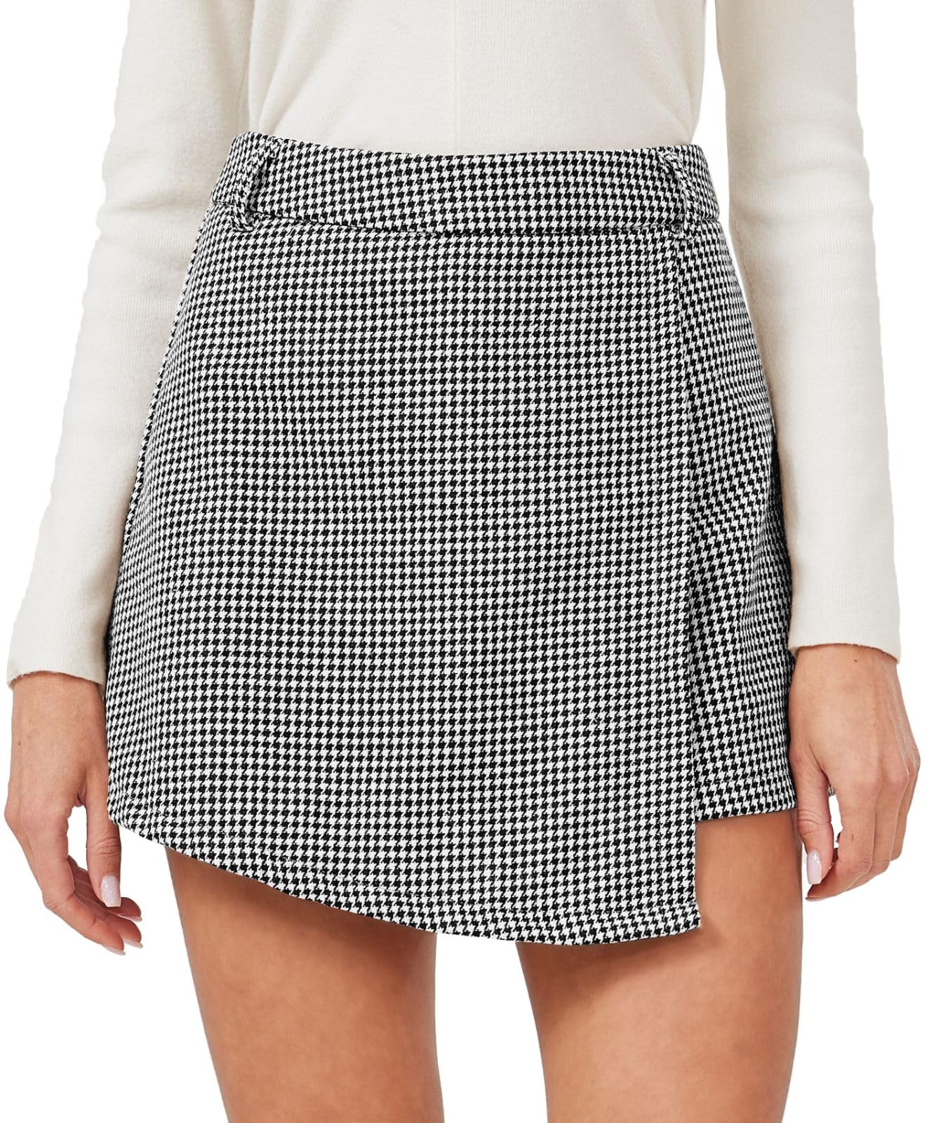XinYangNi Women's Casual High Waisted Asymmetrical Hem A-line Plaid Faux Leather Dressy Wrap Skort Shorts