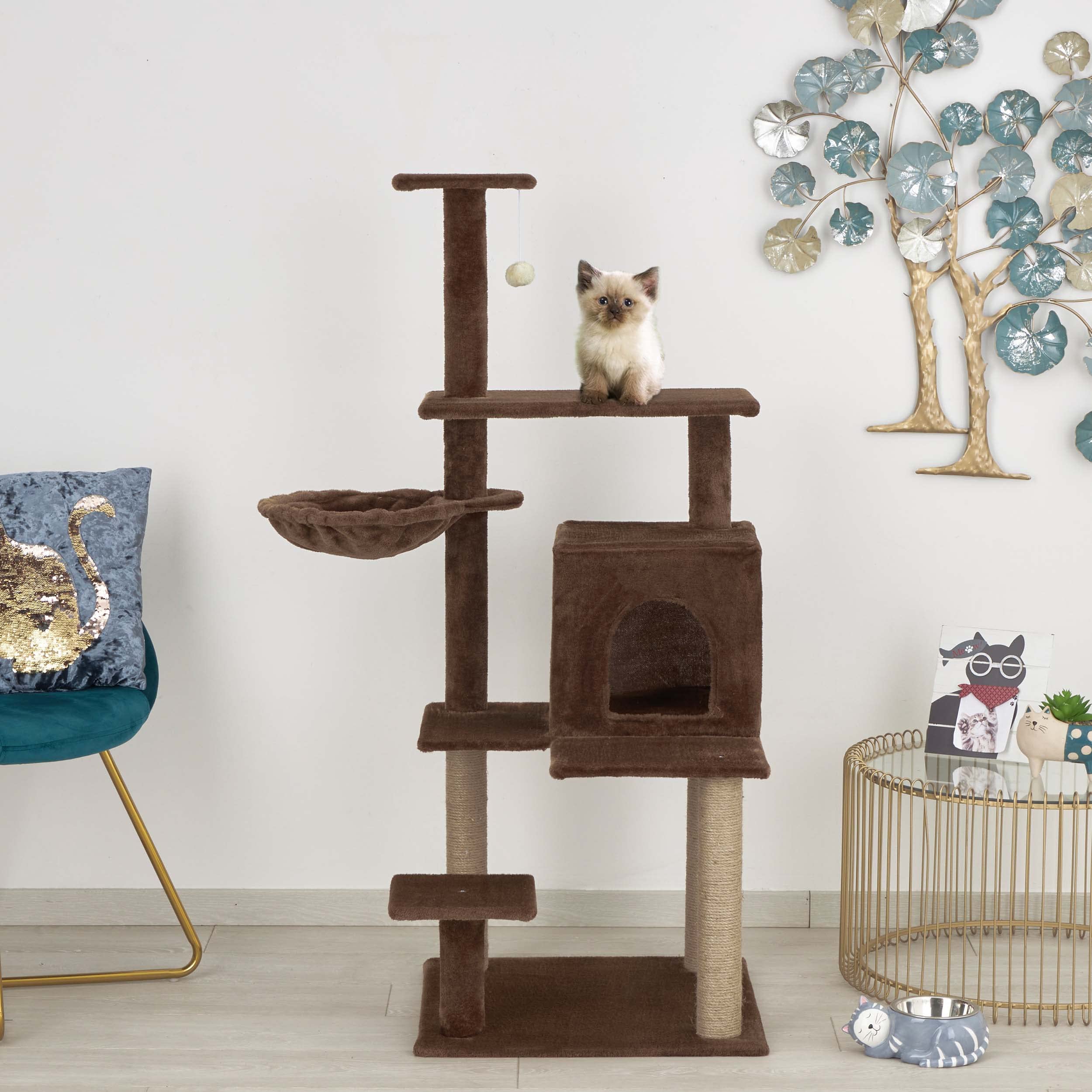 Baroni Home Tiragraffi ad Albero per Gatti, Tiragraffi per Gatti e Gattini, 4 Piani con Palla, Amaca e Cuccia Rettangolare, 45x45x122 cm, Marrone