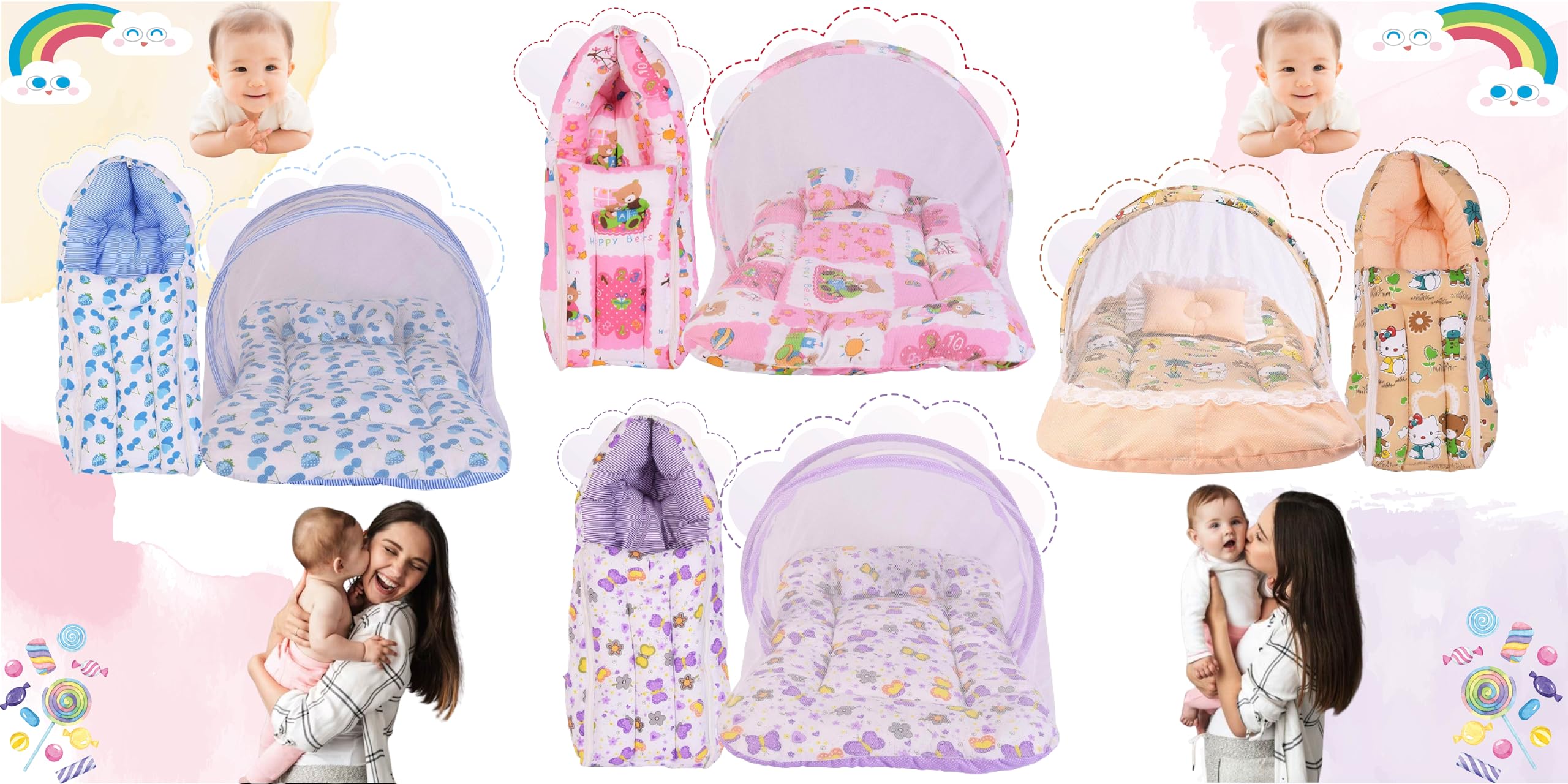 Kwitchy Baby Bed New Born Baby Bedding Set | Mattress | Mosquito Net | Carry | Cotton | Infants Beds | Products All | Gift Combo | Essentials (0-6 Months) (2PCS Set) 2