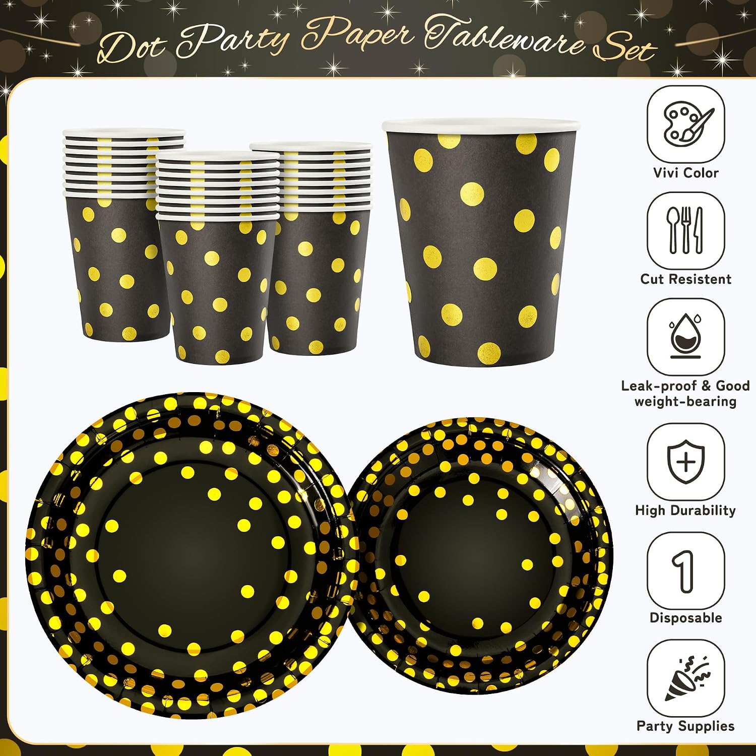 168PCS Black and Gold Dots Party Supplies, Birthday Plates Napkins Cups Gold Cutlery Set, Black Golden Disposable Dinnerware for Retirement Anniversary Party Decorations